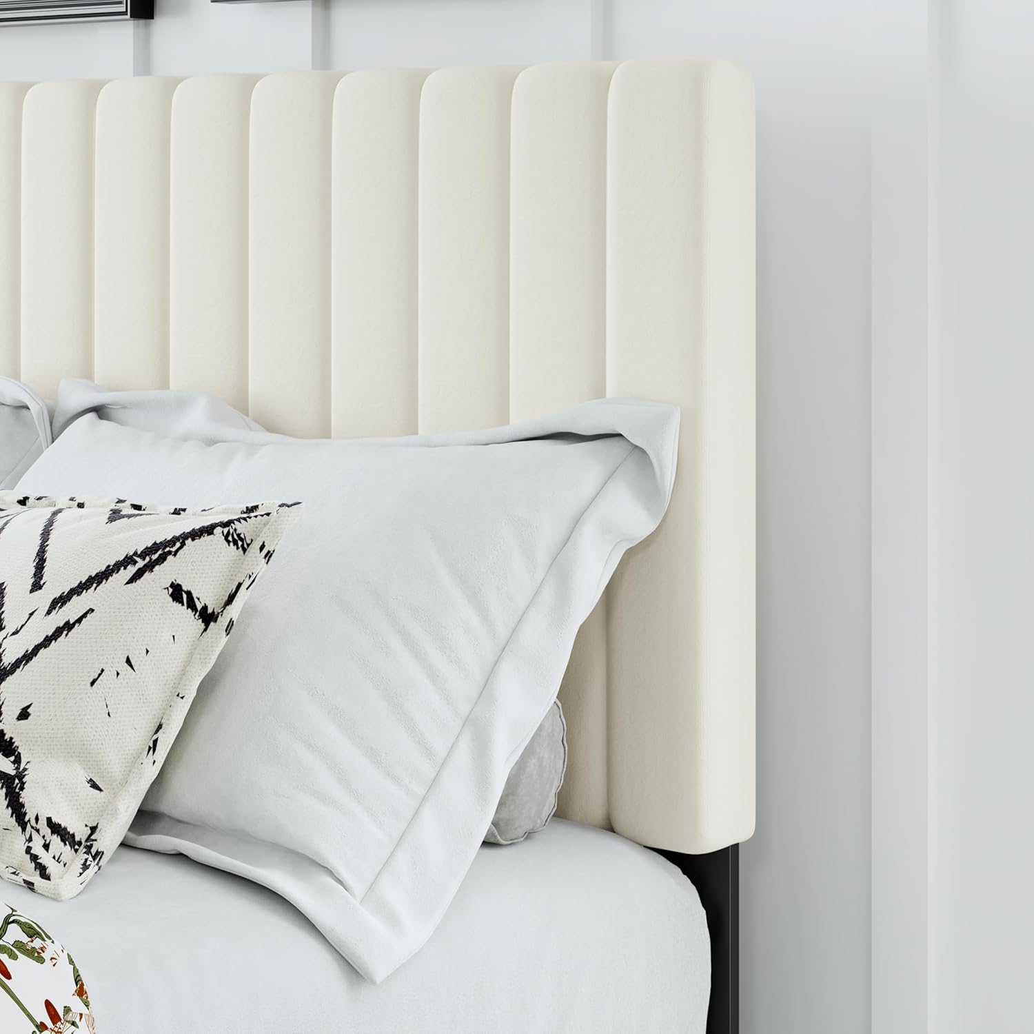Twin Bed Frame, Velvet Upholstered Platform Bed Frame with Adjustable Headboard, Vertical Quilted Design, Sturdy Slatted Mattress Base, Easy to Assemble, White