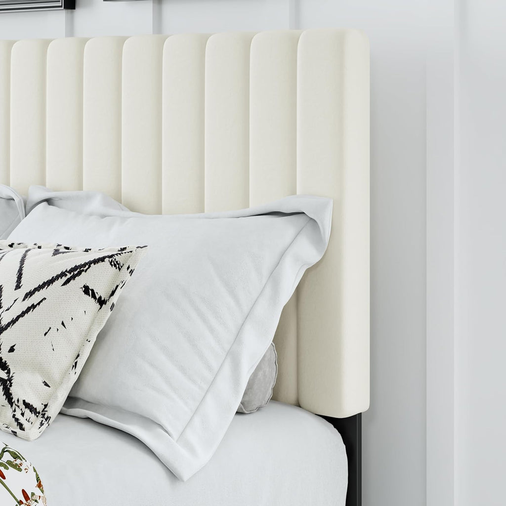 Queen Bed Frame, Velvet Upholstered Platform Bed Frame with Adjustable Headboard, Vertical Quilted Design, Sturdy Slatted Mattress Base, Easy to Assemble, White