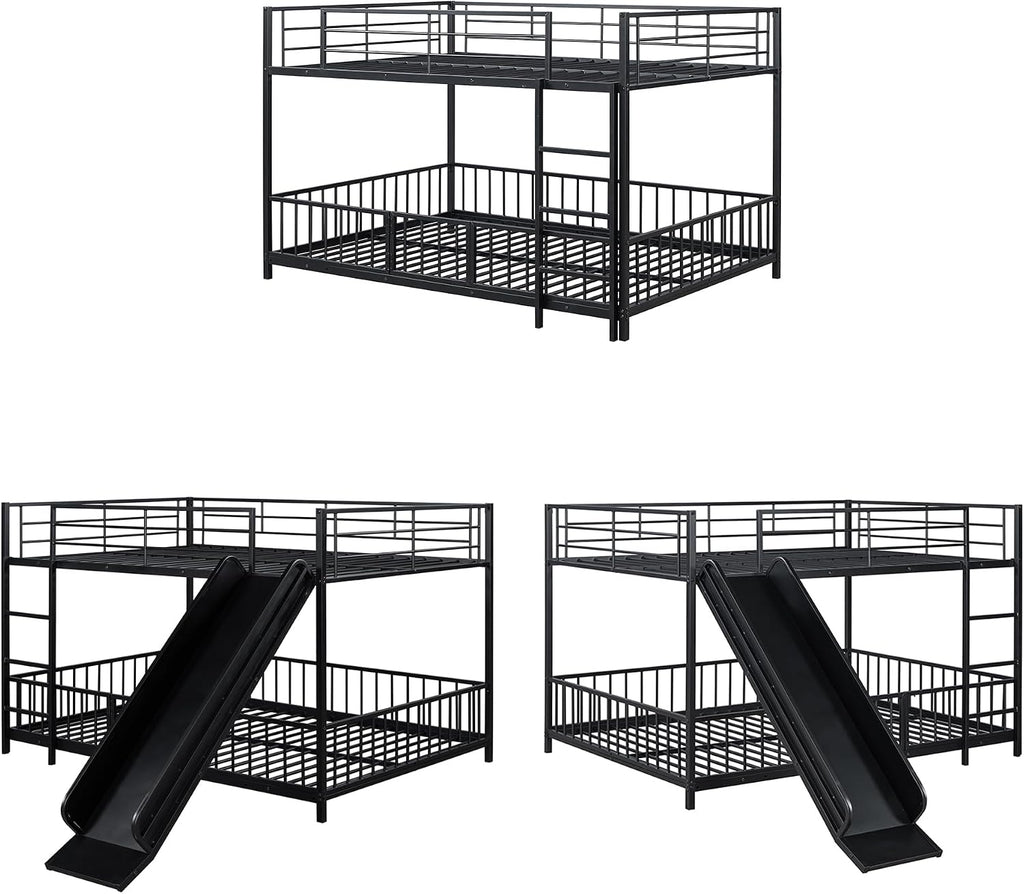 JIVOIT Metal Bunk Bed Frame with Slide and Ladder, Full Over Full Bunk Bed Size with Metal Slats Support, Full-Length Guardrail, Heavy Duty Metal Low Bunk Bed, No Box Spring Needed (Black,Full,09)