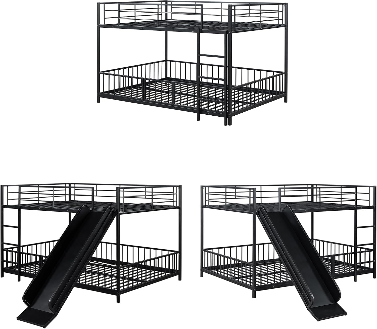 JIVOIT Metal Bunk Bed Frame with Slide and Ladder, Full Over Full Bunk Bed Size with Metal Slats Support, Full-Length Guardrail, Heavy Duty Metal Low Bunk Bed, No Box Spring Needed (Black,Full,09)
