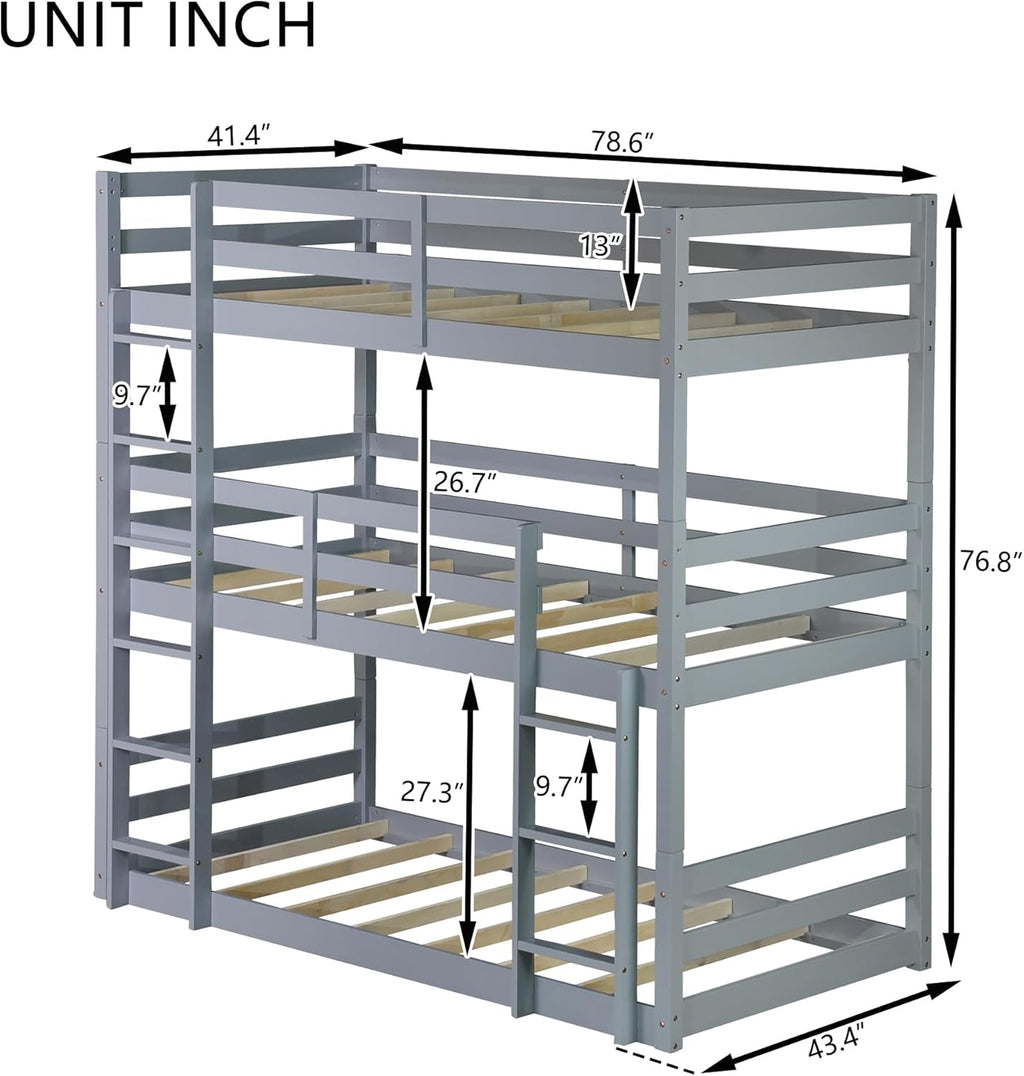 Triple Bunk Bed, Detachable Triple Twin Bunk Bed, 3 Rubber Wood Bunk Bed with Two Built-in Ladders, Guardrails, Twin Over Twin Over Twin for Kids, Grey