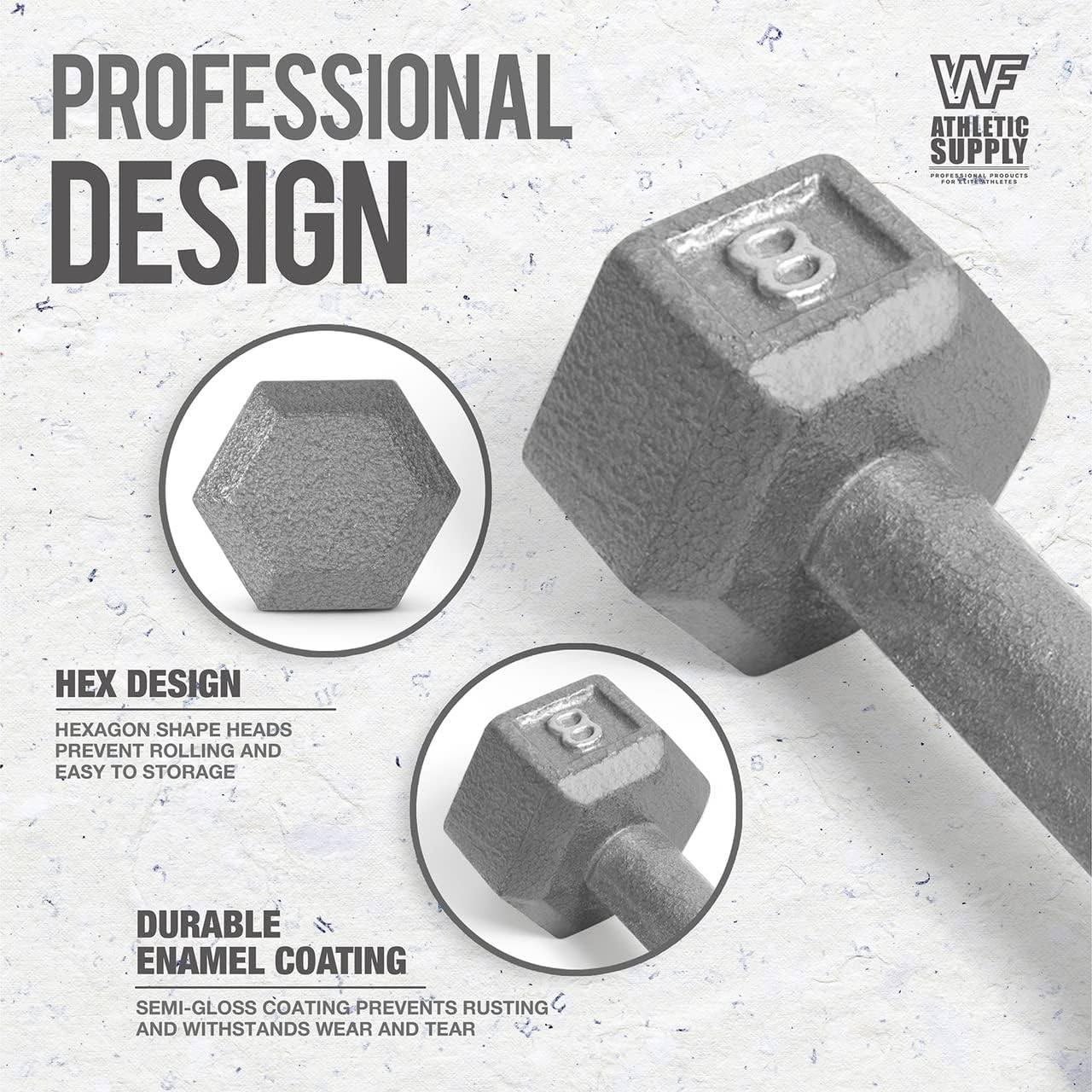 WF Athletic Supply Cast Iron Dumbbell Set, Solid Hexagon Grey Dumbbell Set, Strength Training Free Weights for Women & Men
