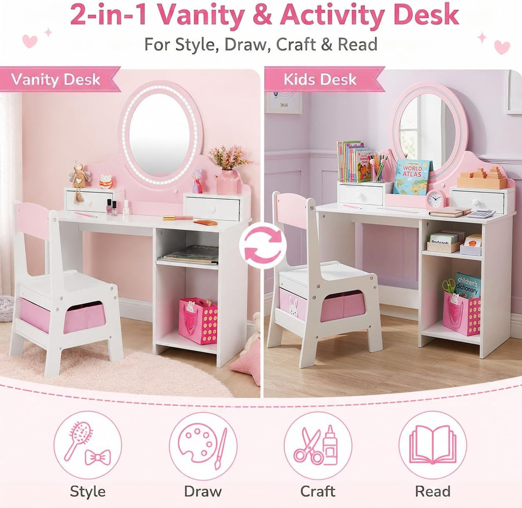 JOYLDIAS Kids Vanity Set with Lights, Pink Girls Vanity with Mirror and Chair, 2-in-1 Toddler Makeup Vanity Desk with 2 Drawers, Storage Cabinet & Shelves, Dressing Table for Kids Ages 3+