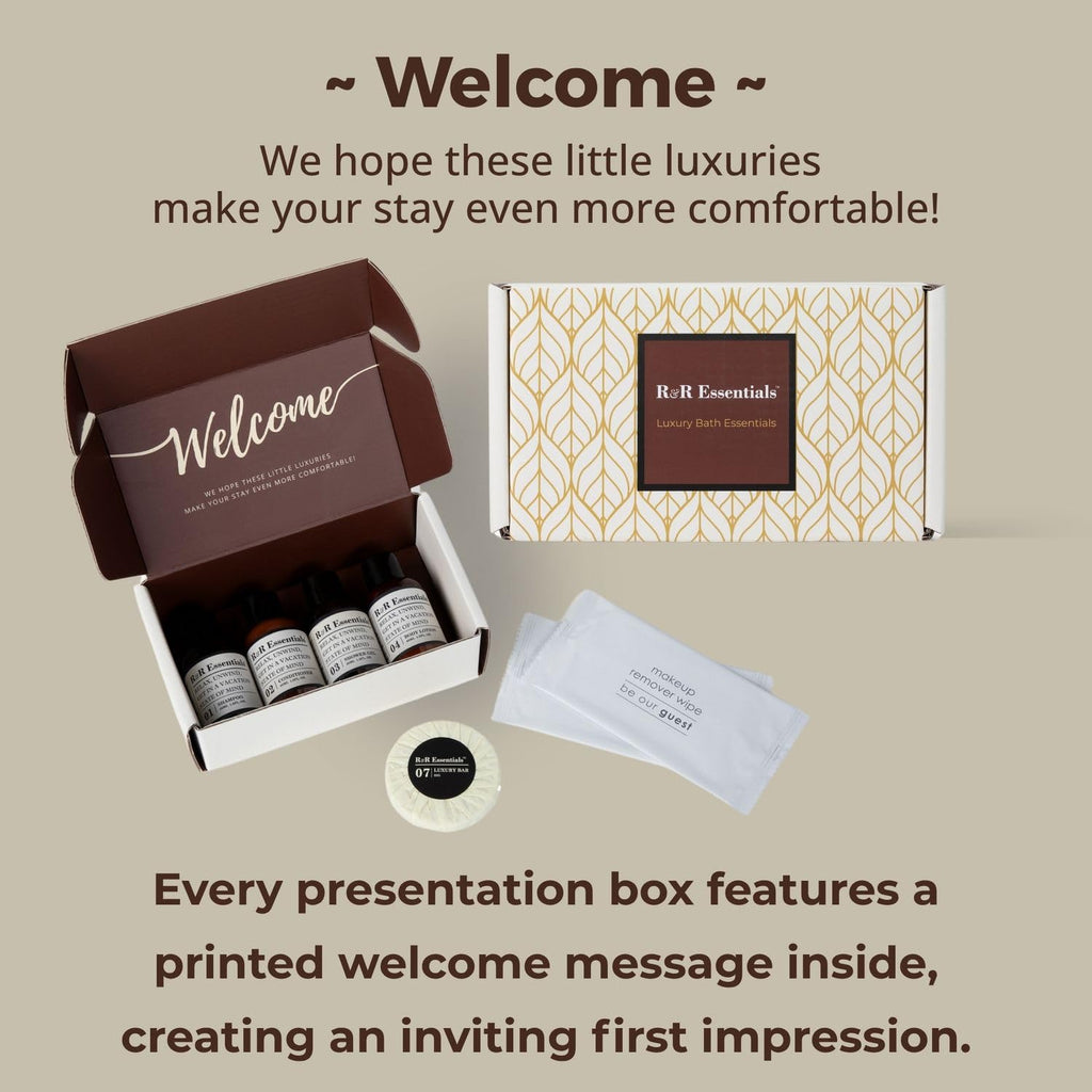 20 Display Ready Boxed Amenity Kits with Premium Hotel Toiletry Essentials - 1.5 oz Shampoo, Conditioner, Shower Gel, Lotion, 1.2 oz Guest Soap & 2 Makeup Remover Wipes - Air bnb & Vacation Rentals