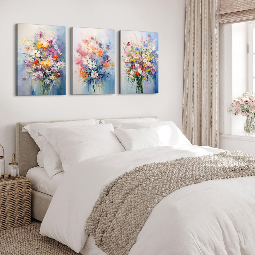 Colorful Flower Pictures Wall Decor Nature Wildflower Canvas Art for Bedroom Abstract Botanical Floral Oil Painting Prints Artwork Daisy Poppy Bouquet Poster Living Room Home Decorations 20x30' 3 Pcs