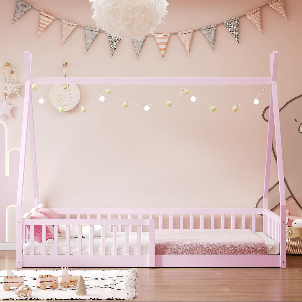 JIVOIT Twin Size Wood House Bed with Fence, House Platform Bed with Roof, Twin Montessori Bed Frame, Wood Slats Support, No Box Spring Needed (Pink/74)
