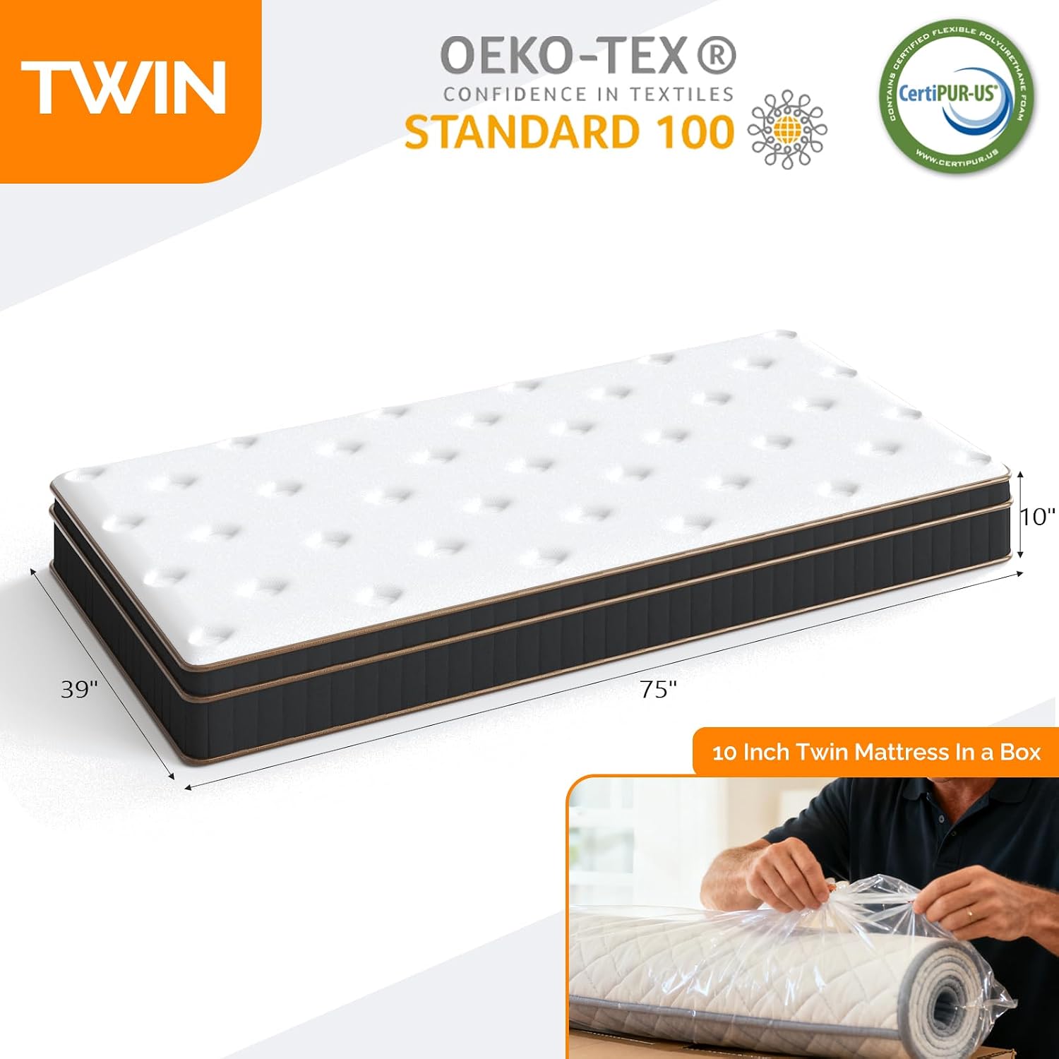 VINGLI 10 Inch Twin Mattress Set of 2 for Kids Hybrid Memory Foam in a Box, Individually Wrapped Coils Pocket Innerspring for Motion Isolation and Pressure Relief,Medium Firm,Fiberglass-Free