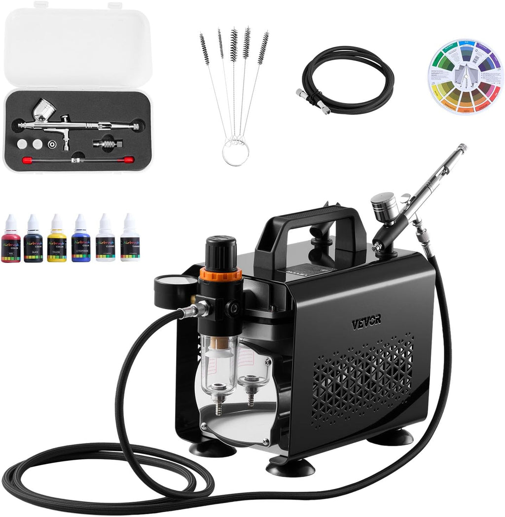 VEVOR Airbrush Kit, 1/6 HP, Air Brush Kit with Air Compressor, 1 Dual-Action Professional Airbrush with 3 Tips, Hose, Acrylic Paint, Brush, Low Noise, for Cake Decorating, Model Painting, Nail Art