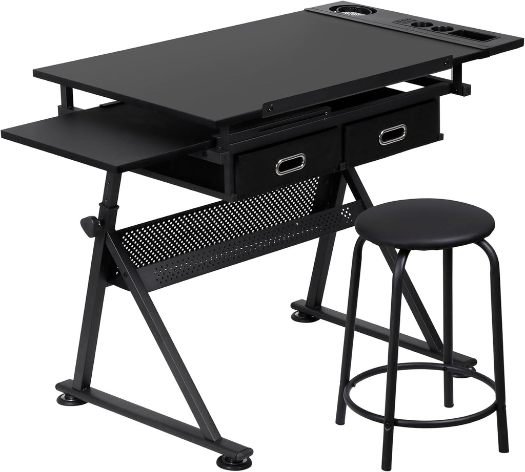 ZENY Adjustable Drafting Table with Stool, Tilting Drawing Desk Artist Table with Storage Drawers, Art Craft Workstation for Home Office Reading, Writing, Crafting