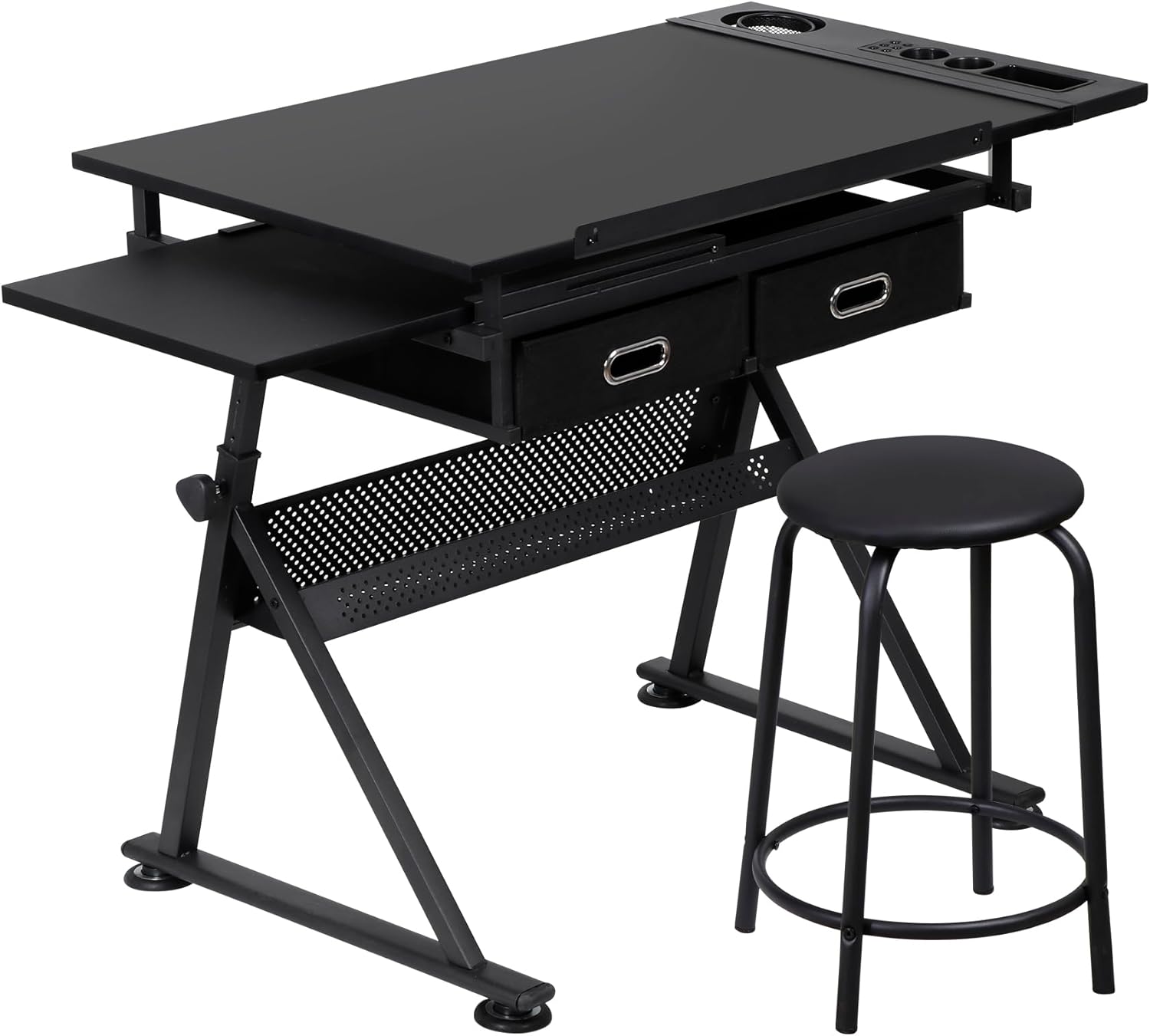 ZENY Adjustable Drafting Table with Stool, Tilting Drawing Desk Artist Table with Storage Drawers, Art Craft Workstation for Home Office Reading, Writing, Crafting
