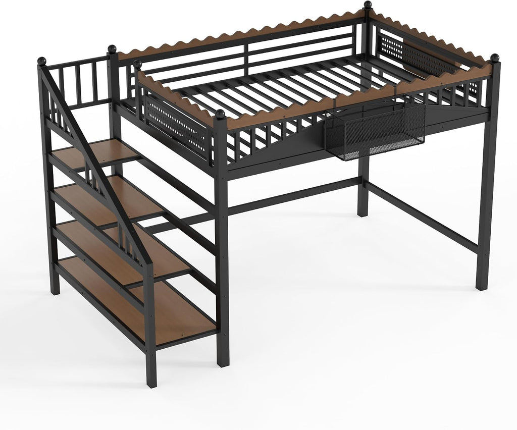 JIVOIT Full Size Metal Loft Bed Frame, Space-Saving Loft Bed with Storage Stairs, Storage Shelves and Bookshelf, Strong Support Slats, Perfect for Bedroom, Guest, Dorms