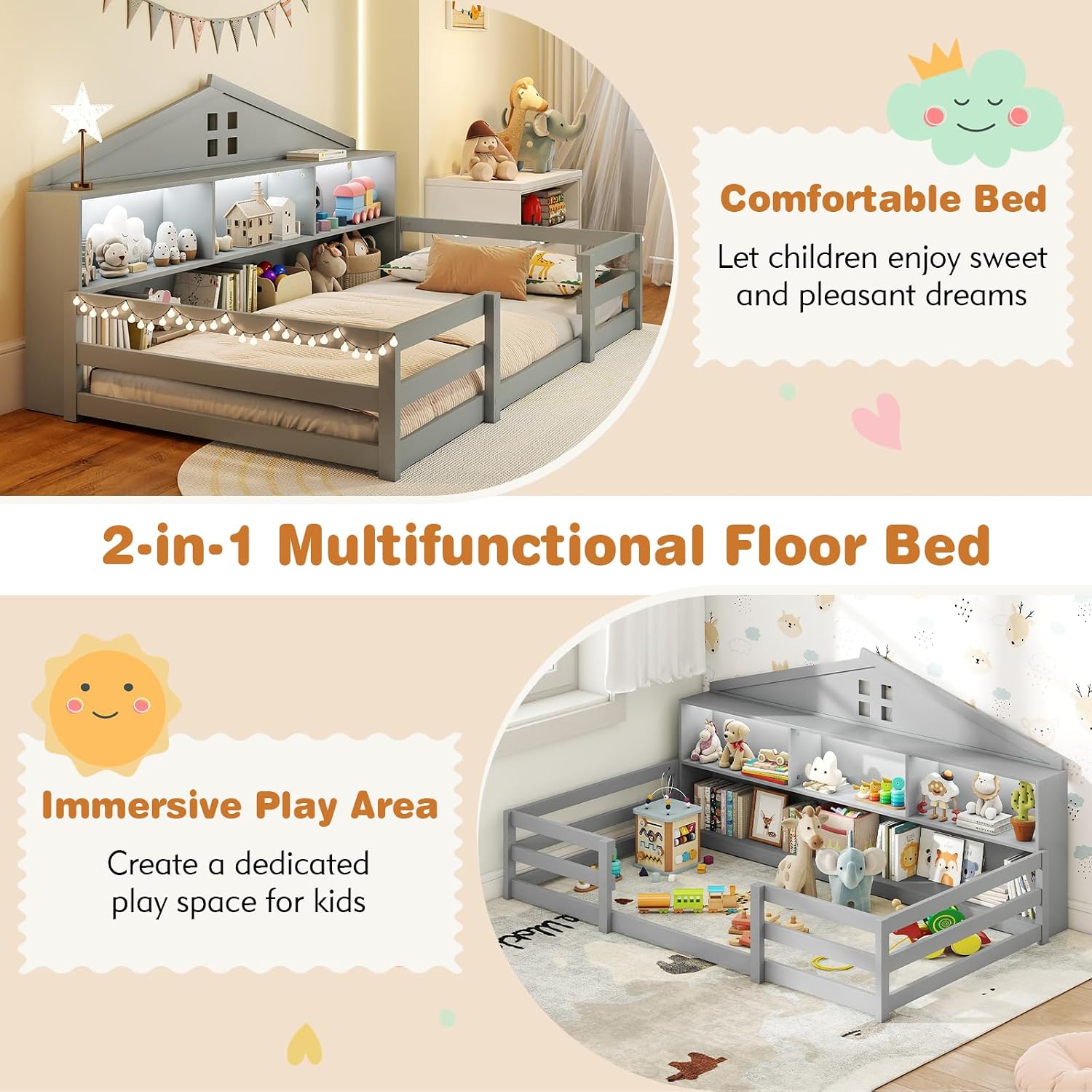 BECOMFORT Twin Floor Bed with LED Lights, 2-in-1 Kids Twin Floor Bed Frame with Bedside Bookcase & Safety Guardrails, Montessori Bed for Boys Girls