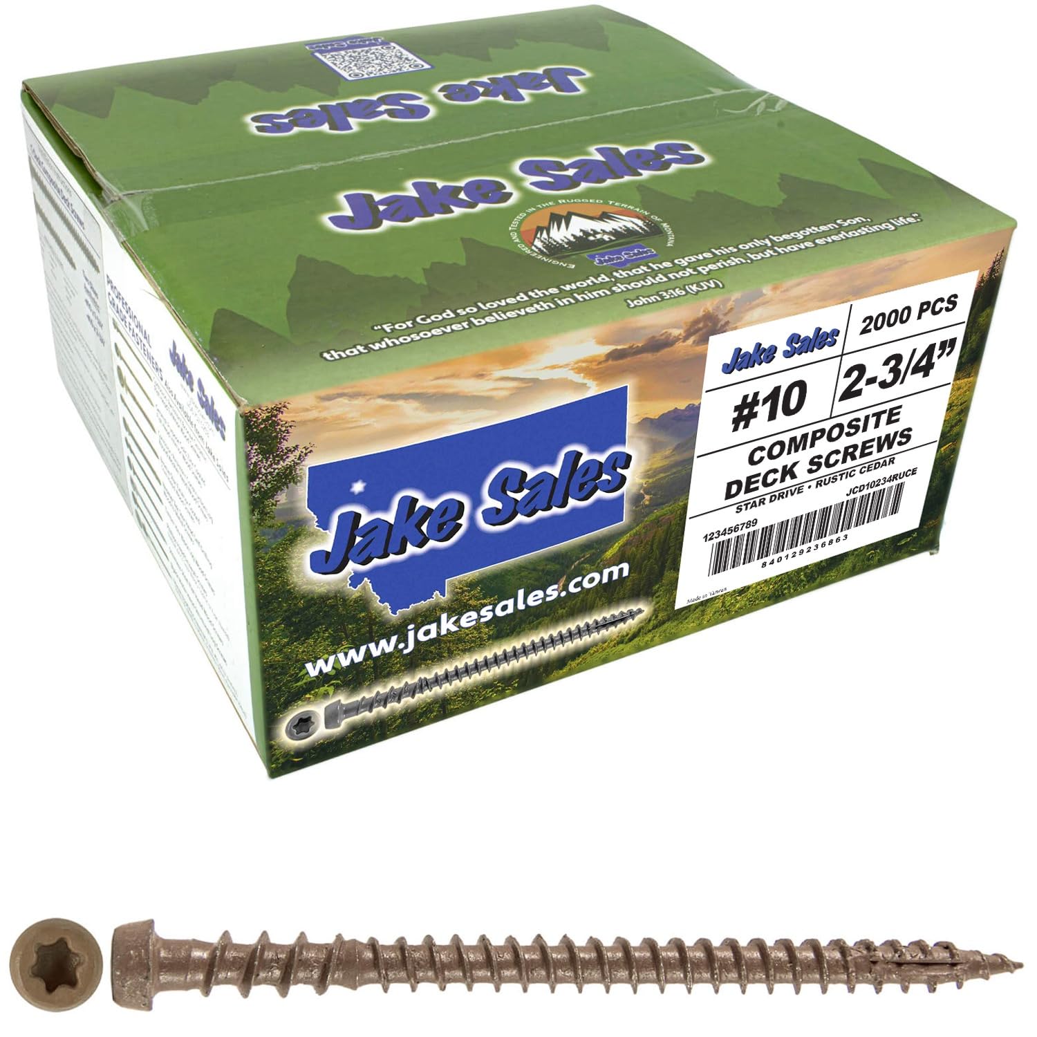 Jake Sales #10 x 2-3/4' Rustic Cedar Composite Decking Exterior Coated Wood Screw Torx/Star Drive Head - AQC Lumber Compatible (Full Box ~1,750 Screws)