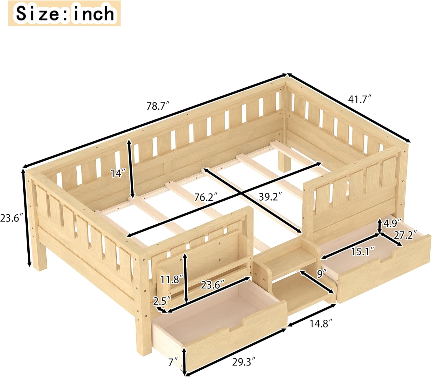 Bellemave Twin Size Kids Montessori Bed with Stairs and Bookshelf,Solid Wood Twin Size Kids Bed Frame with Drawers and Storage for Girls Boys,Low-Profile,Light Natural
