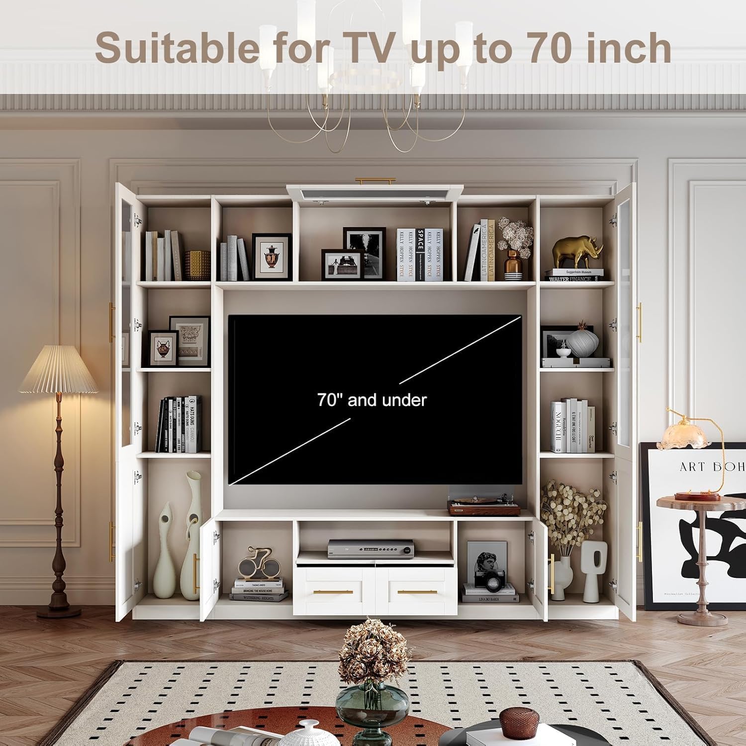Entertainment Wall Unit, 4-Piece Large TV Stand Wall Unit Entertainment Center with Bookshelves & Storage, Wall Media Center with Shelves for TVs Up to 70', Media Console for Living Room, White.
