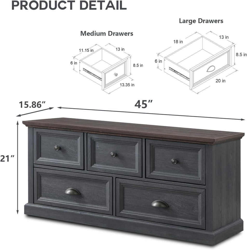 IFGET Farmhouse 5 Drawers Dresser for Bedroom, 45' Wide Chest of Drawers, 21' Tall Storage Closet Bench Storage Chest Storage Trunk, Wood Rustic Dresser for Closet, Living Room, Hallway, Dark Grey