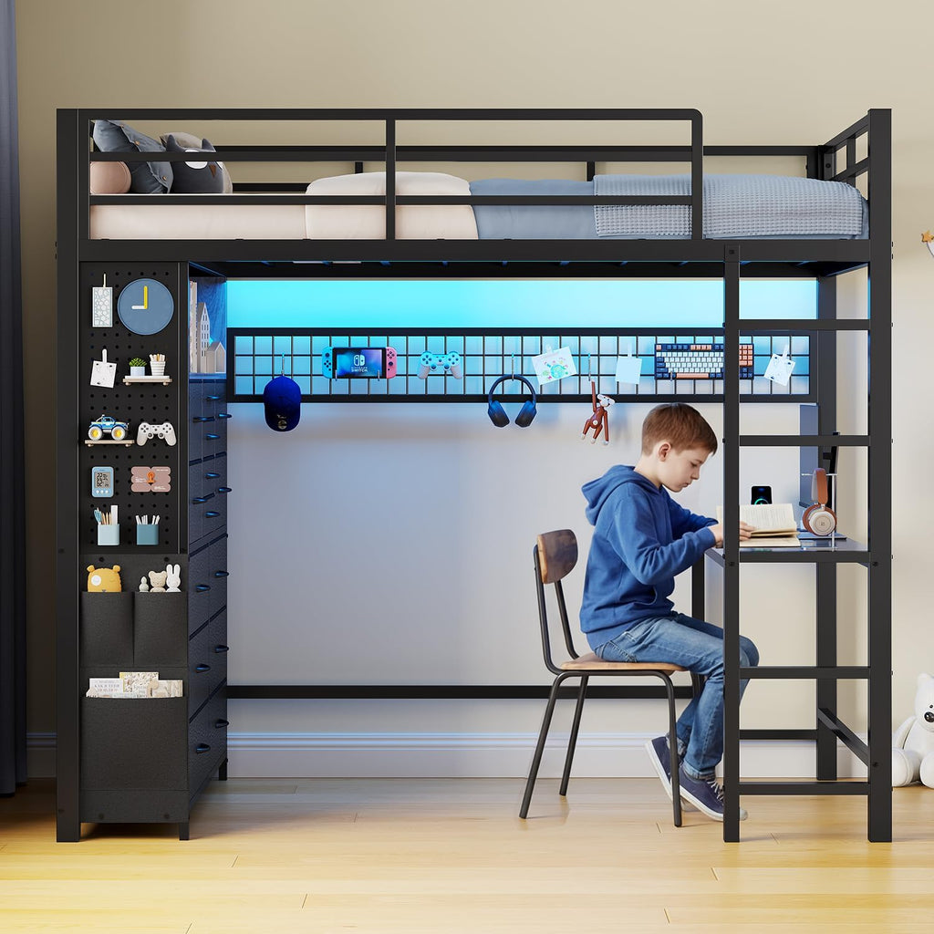 ADORNEVE Twin Loft Bed with Desk,14 Storage Drawers & Power Outlet, Kids Loft Bed Twin Size with LED Lights, Pegboard, Metal Loft Beds with Safety Guardrail & Ladder, Space Saving for Teens, Black