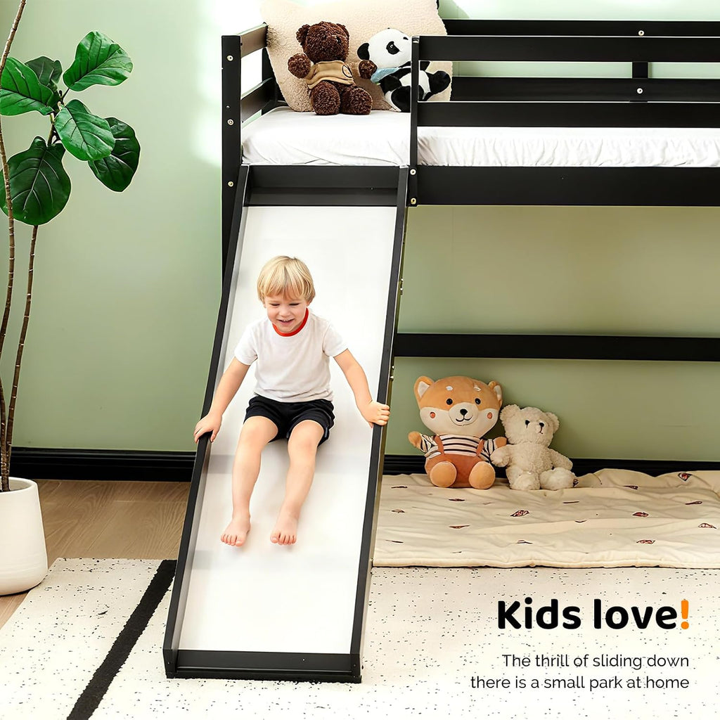 VINGLI 47 Inches Medium High Loft Bed with Slide, Space Saving Kids Low Loft Bed Twin Size with Guardrail and Flat Ladder, Pine Wood Bed Frame for Boys and Girls, Black