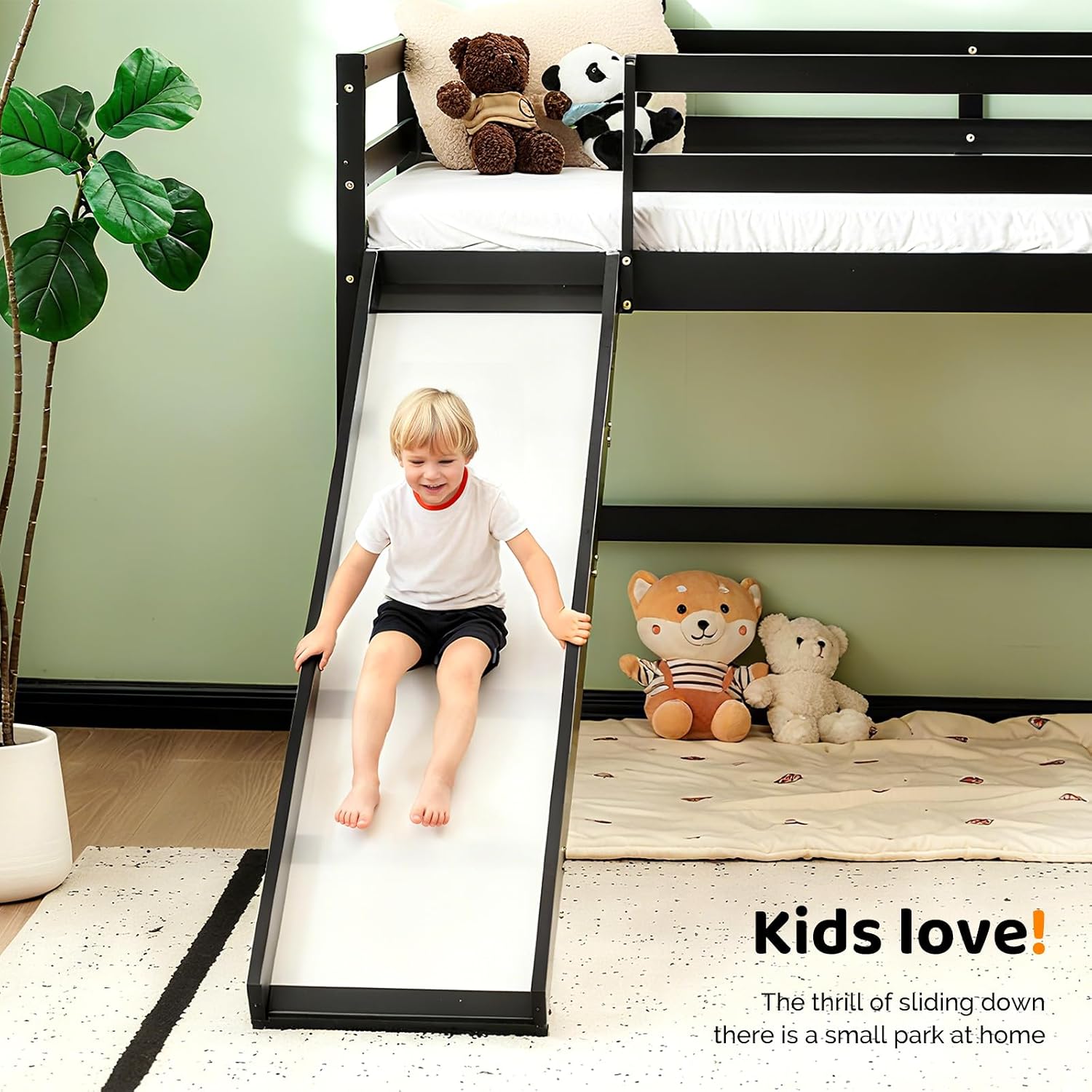 VINGLI 47 Inches Medium High Loft Bed with Slide, Space Saving Kids Low Loft Bed Twin Size with Guardrail and Flat Ladder, Pine Wood Bed Frame for Boys and Girls, Black