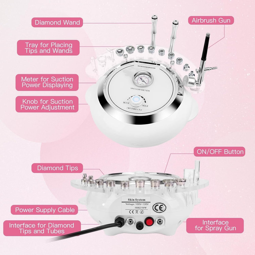 3 in 1 Diamond Machine, TopDirect Facial Skin Care Salon Equipment Beauty Device with Spray Gun (Strong Suction Power: 65-68cmhg)