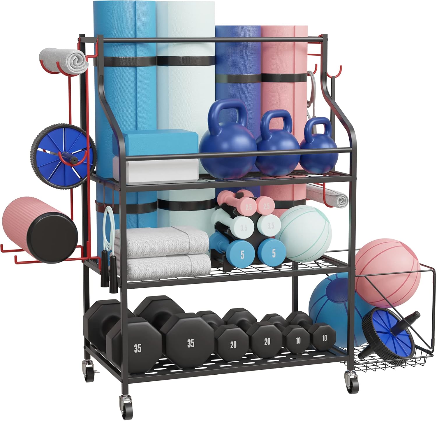 Cascina Home Gym Storage Rack - Weight Rack for Dumbbells, Kettlebells, Foam Roller, Resistance Bands and Yoga Mat Storage Holder - Exercise Workout Equipment Storage Organizer with Hooks and Wheels