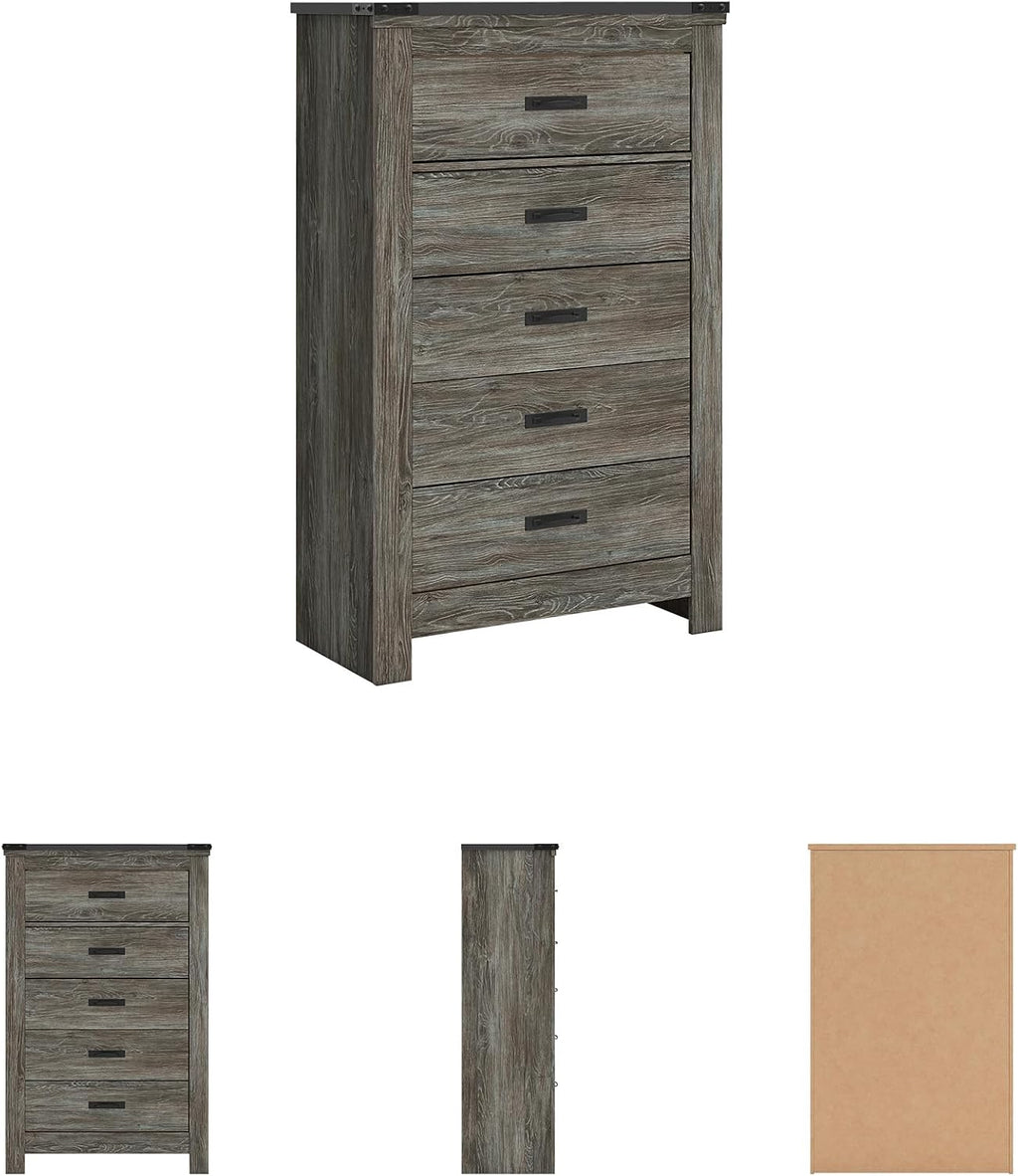 Signature Design by Ashley Frandern Vintage Casual Chest with 5 Smooth-Gliding Drawers, Matte Black Drawer Handles, Wood and Decorative Laminate, Gray, 34.25' W
