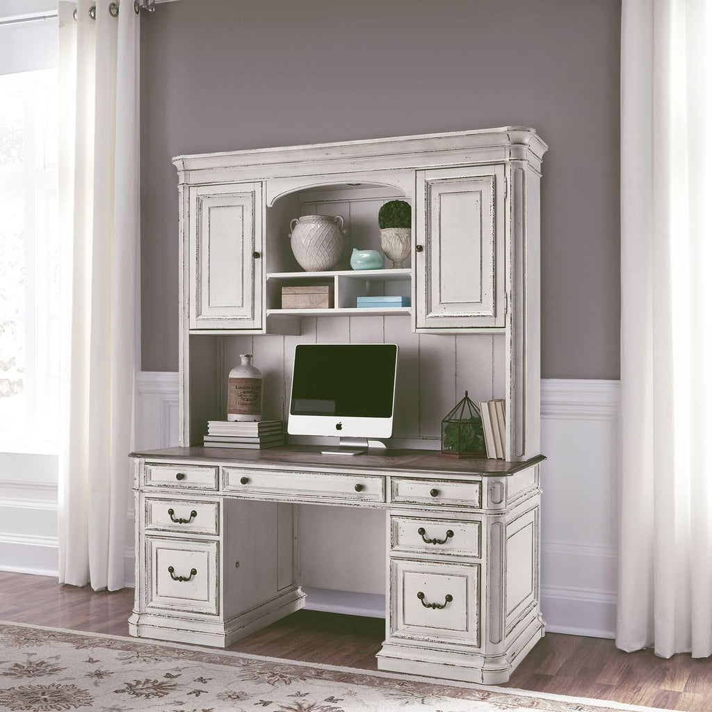 Liberty Furniture Magnolia Manor Credenza Desk & Hutch for Home Office - Antique White & Weathered Bark