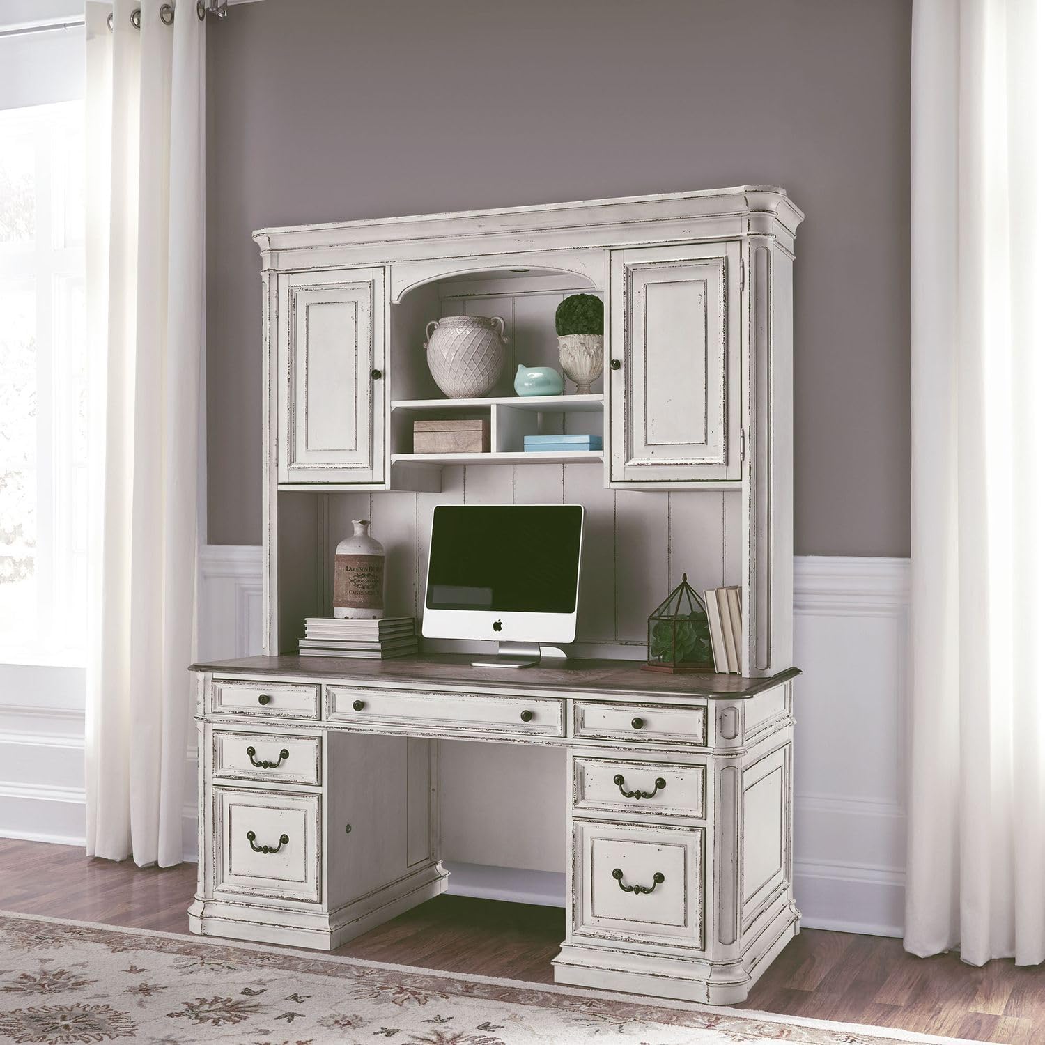 Liberty Furniture Magnolia Manor Credenza Desk & Hutch for Home Office - Antique White & Weathered Bark