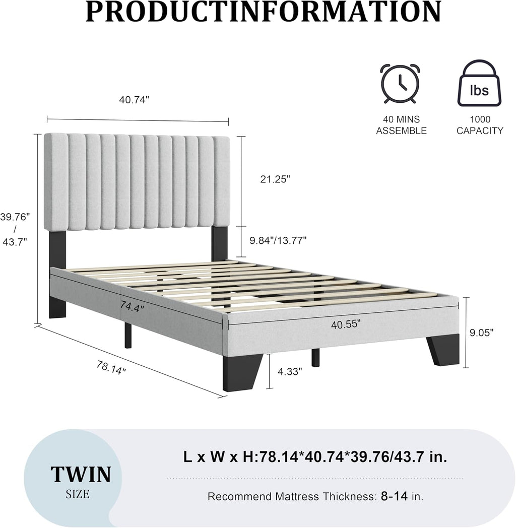 Twin Bed Frame, Fabric Upholstered Platform Bed Frame with Adjustable Headboard, Vertical Quilted Design, Sturdy Slatted Mattress Base, Easy to Assemble, Light Gray