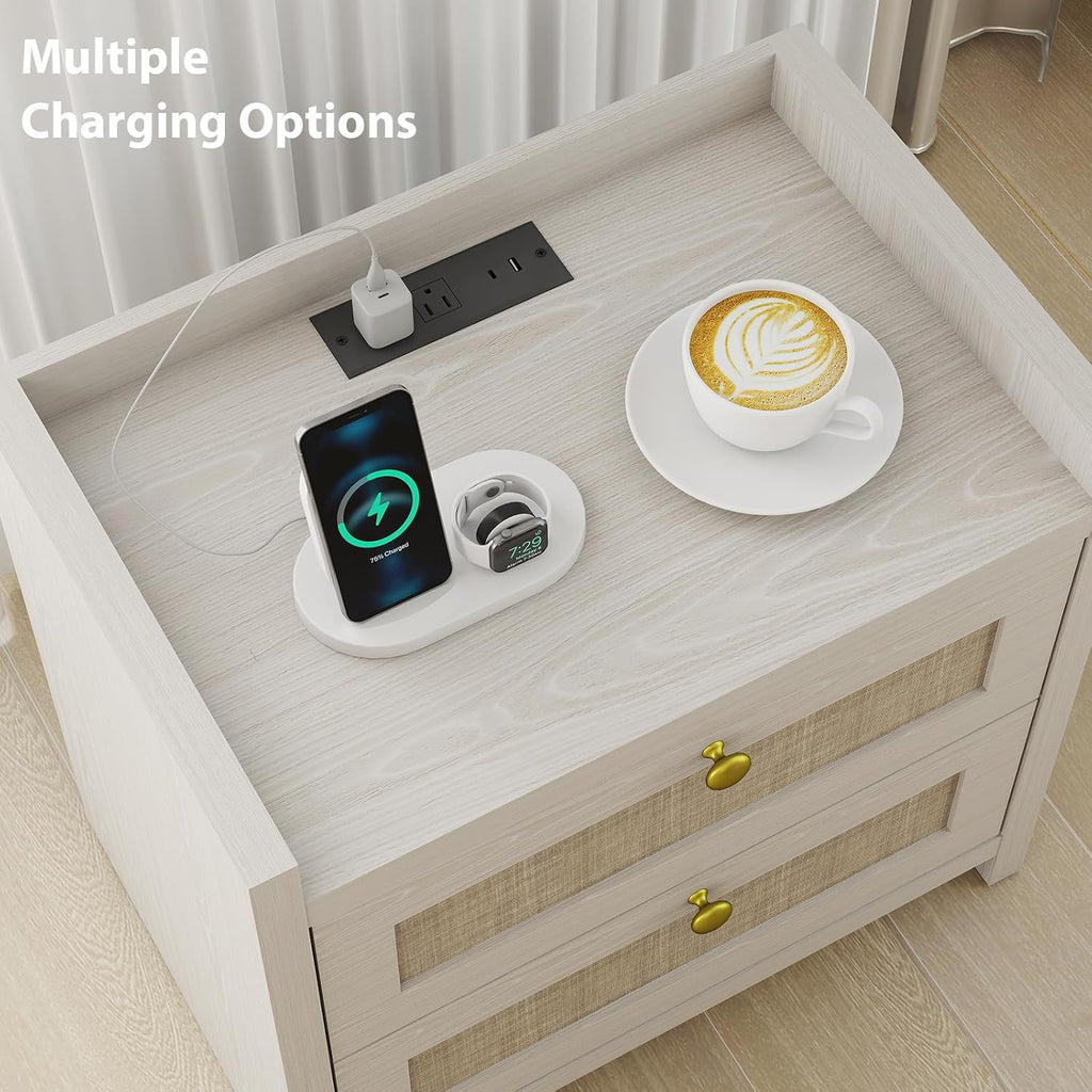 LubanNese 23.6' Nightstand Set of 2, Boho Wooden Bedside Table with Charging Station for Bedroom, Farmhouse Rustic Large Wide Night Stands with 2 Soft Close Drawers, Beige Ash