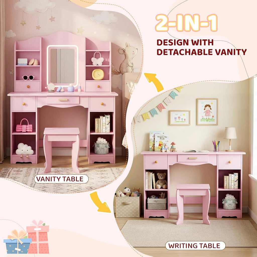 Arlopu Kids Vanity with 3-Color Lights, Girls Vanity Set w/Large Storage, Mirror ＆ Stool, 2 in 1 Princess Wooden Pretend Play Makeup Desk, Dressing Table and Chair, Open Shelves, Drawer (Pink)