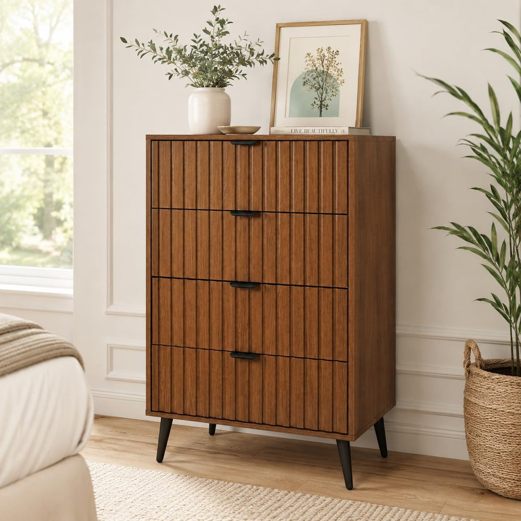 Fluted Dresser for Bedroom, 24'' Wide Modern Chest of Drawers, 4 Drawer Dresser Nightstand, Natural Wood Drawer Organizer for Bedroom, Living Room, Hallway, Walnut