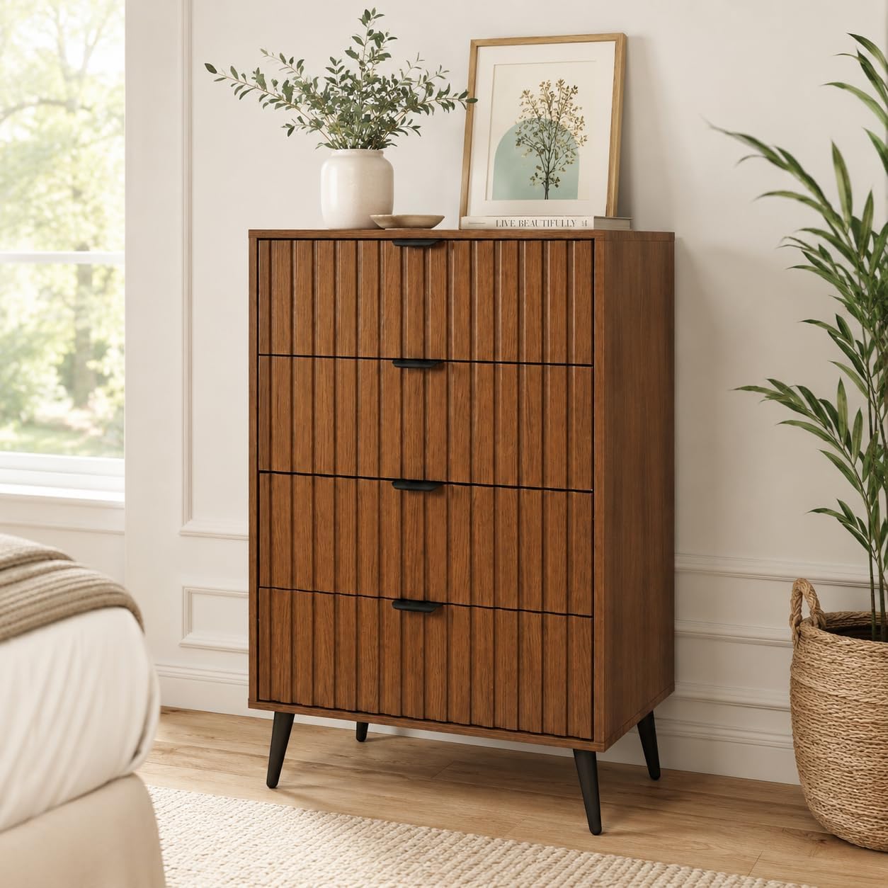Fluted Dresser for Bedroom, 24'' Wide Modern Chest of Drawers, 4 Drawer Dresser Nightstand, Natural Wood Drawer Organizer for Bedroom, Living Room, Hallway, Walnut