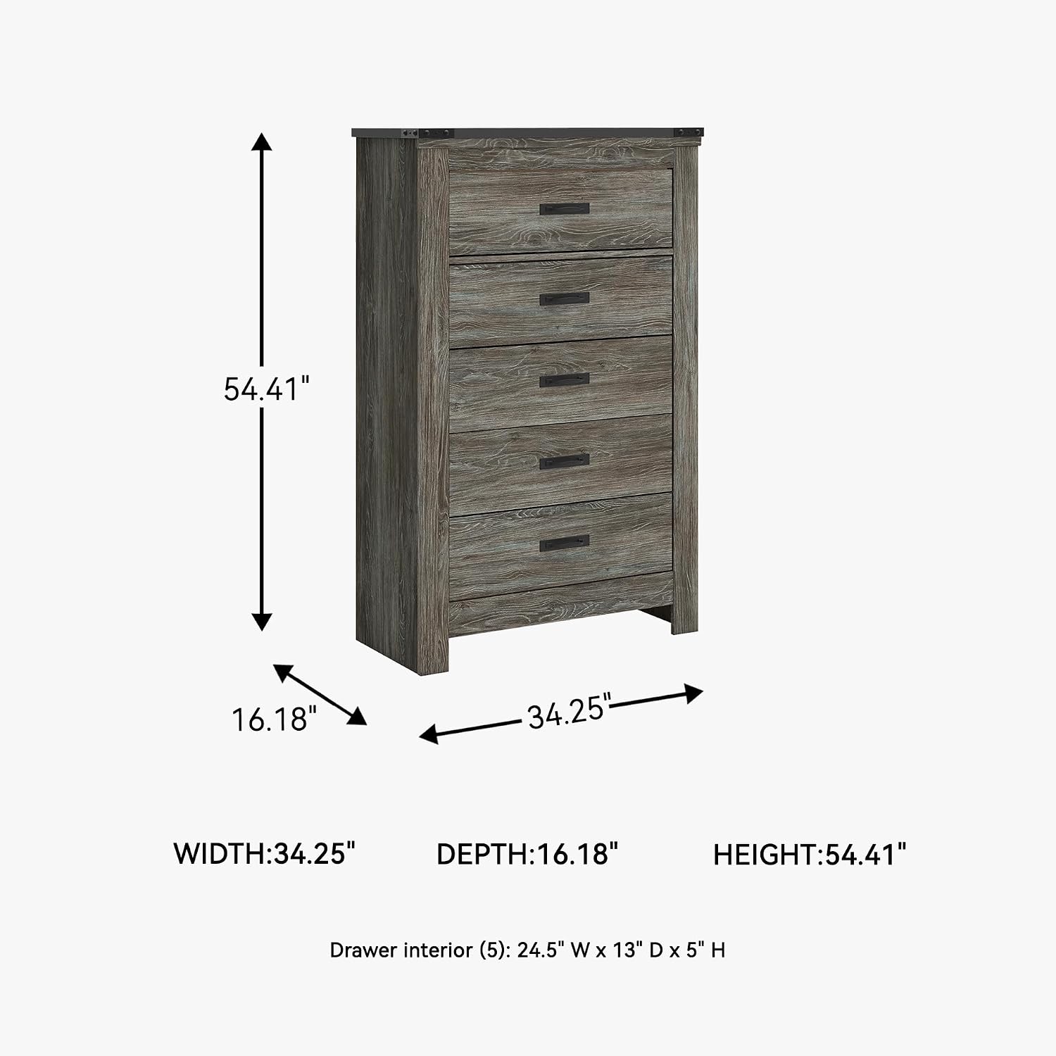 Signature Design by Ashley Frandern Vintage Casual Chest with 5 Smooth-Gliding Drawers, Matte Black Drawer Handles, Wood and Decorative Laminate, Gray, 34.25' W