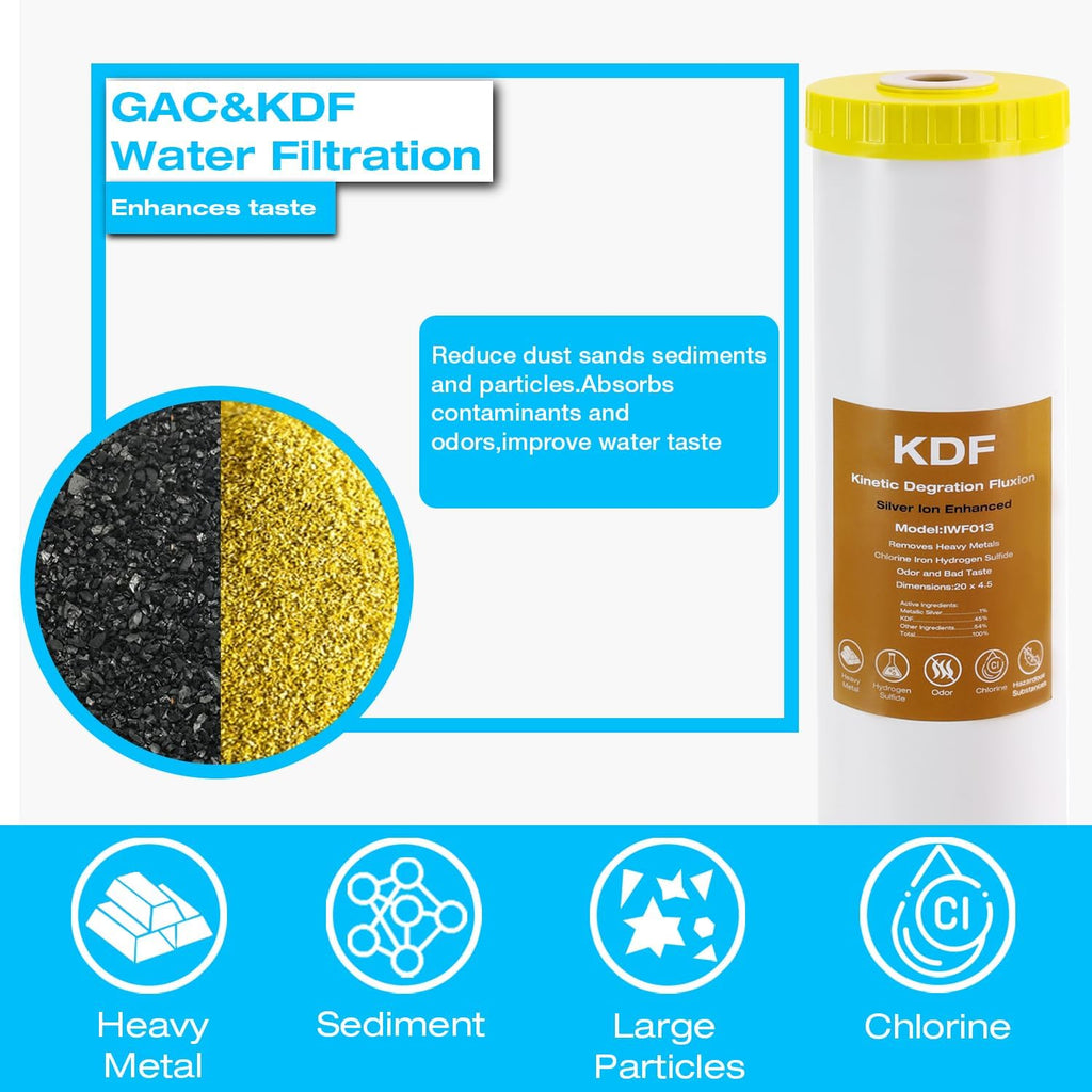 H&G Lifestyles 4.5' x 20' 3 Stage Whole House Water Filter Replacement set with Iron & Manganese Reducing Cartridges, GAC KDF, PP Cutton Cartridges,Compatible with DGD-5005-20, WGB32BM,EP20-BB,FP25B