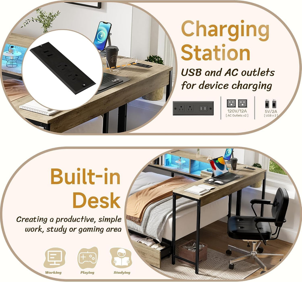 Full Corner Bed Frame with Desk and Storage Bookcase, L- Shaped Daybed with 2 Drawers, LED Lights & 2 Charging Station, Modern Metal Full Size Platform Bed for Kids/Teen Bedroom, Brown