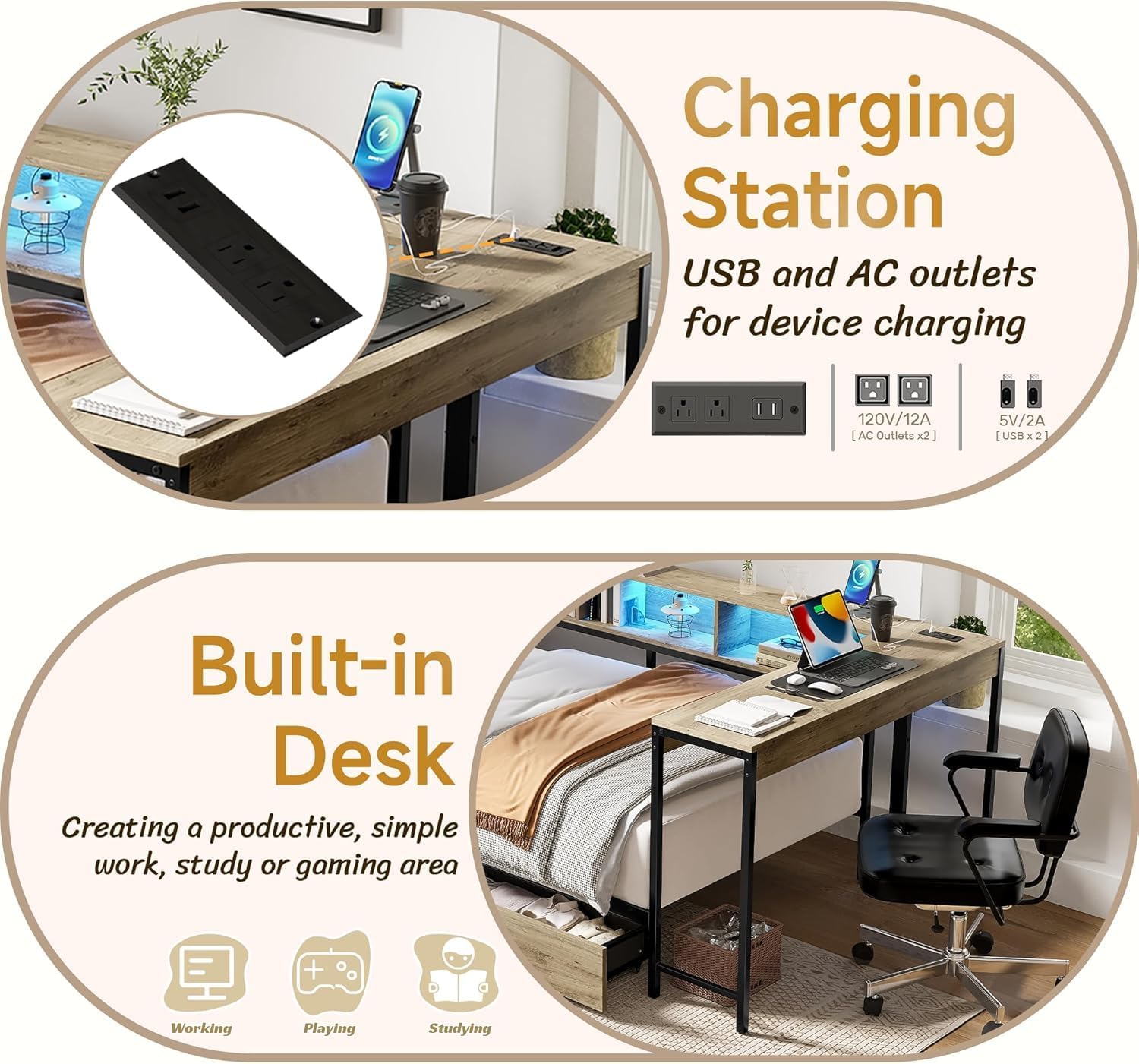 Full Corner Bed Frame with Desk and Storage Bookcase, L- Shaped Daybed with 2 Drawers, LED Lights & 2 Charging Station, Modern Metal Full Size Platform Bed for Kids/Teen Bedroom, Brown