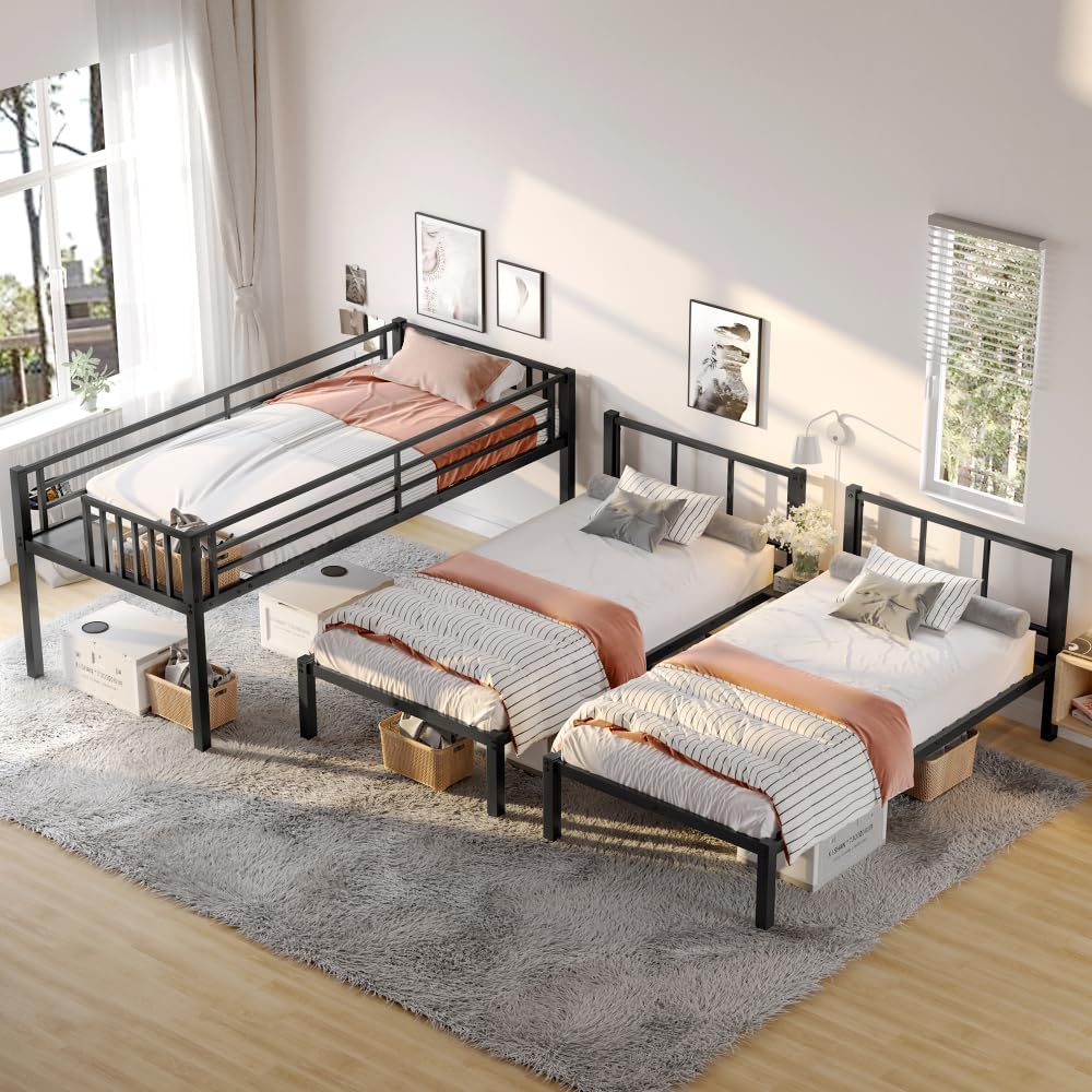 Twin Over Twin & Queen Bunk Bed, with Safety Guardrails,Space-Saving/Noise Reduced,Black (Black + Metal + Twin)