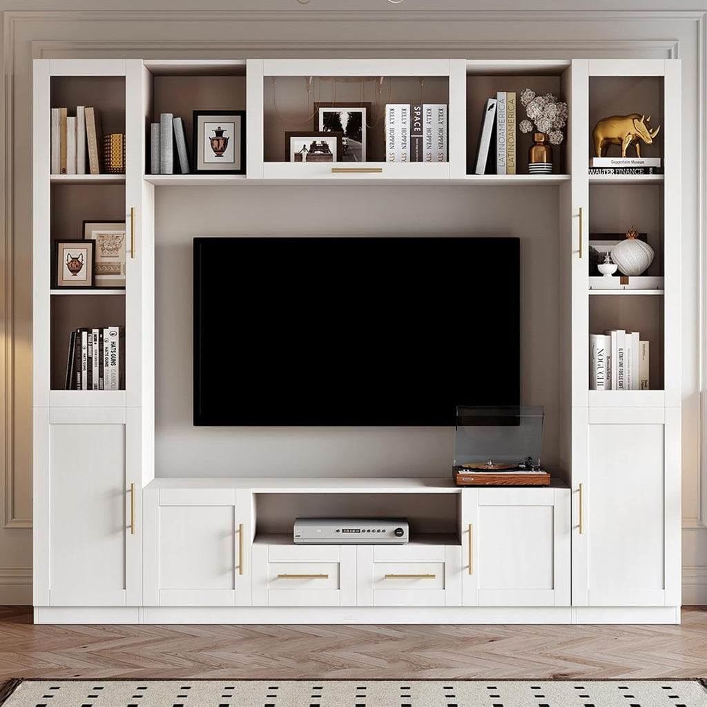 Entertainment Wall Unit, 4-Piece Large TV Stand Wall Unit Entertainment Center with Bookshelves & Storage, Wall Media Center with Shelves for TVs Up to 70', Media Console for Living Room, White.