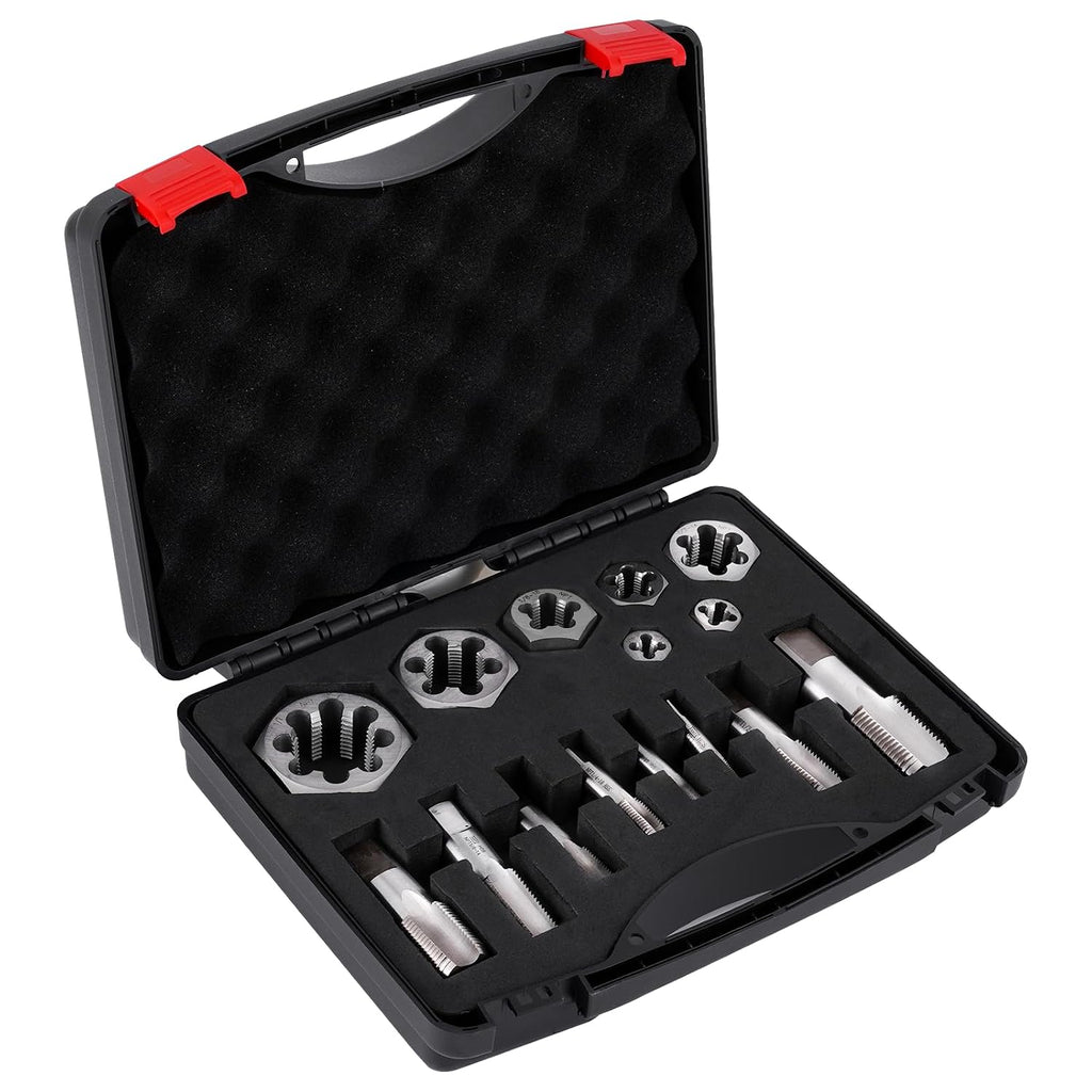 NPT Pipe Tap and Die Set, Hex Die Set 1/16', 1/8', 1/4', 3/8', 1/2', 3/4' and 1', 15pcs High Speed Steel Taps & Dies with Storage Case