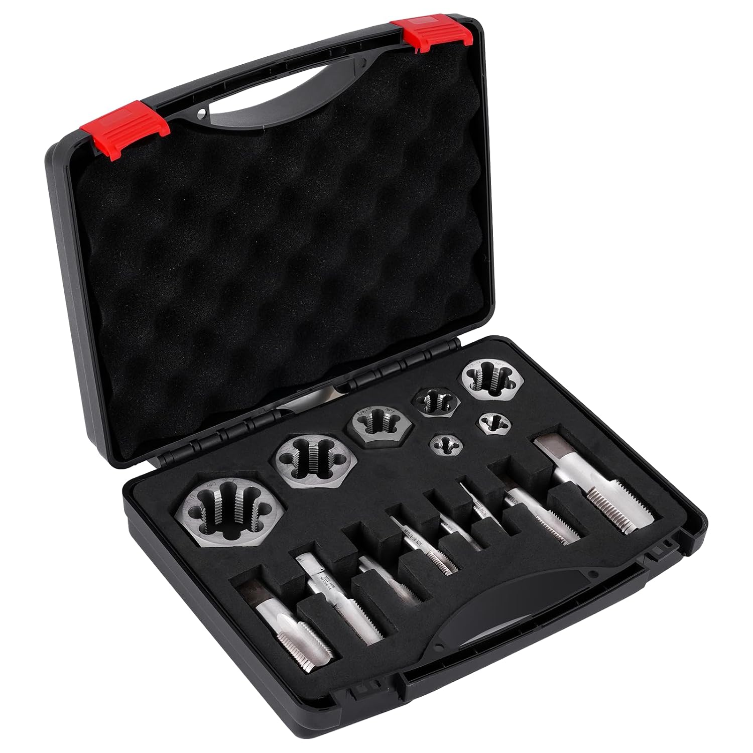 NPT Pipe Tap and Die Set, Hex Die Set 1/16', 1/8', 1/4', 3/8', 1/2', 3/4' and 1', 15pcs High Speed Steel Taps & Dies with Storage Case