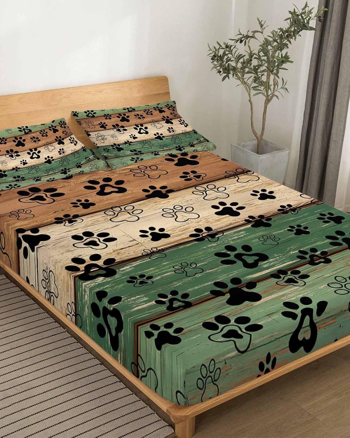 Dark Sage Green Brown Cal King Sheet Set 4 Piece Bedding - Farmhouse Dog Paw Vintage Breathable Comfy Cooling Bed Sheets & Pillowcase Sets, Hotel Luxury Flat Sheets Deep Pockets Fitted Sheet