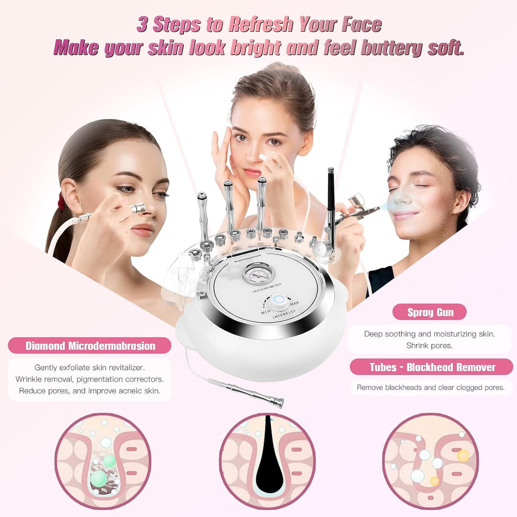 3 in 1 Diamond Machine, TopDirect Facial Skin Care Salon Equipment Beauty Device with Spray Gun (Strong Suction Power: 65-68cmhg)
