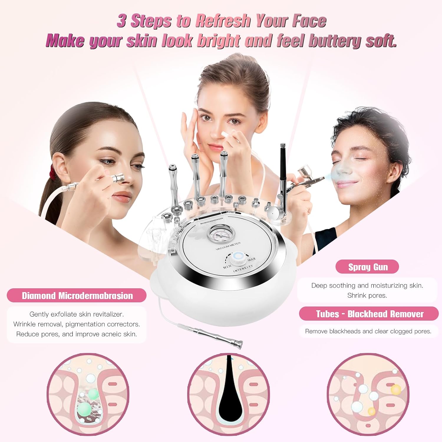 3 in 1 Diamond Machine, TopDirect Facial Skin Care Salon Equipment Beauty Device with Spray Gun (Strong Suction Power: 65-68cmhg)