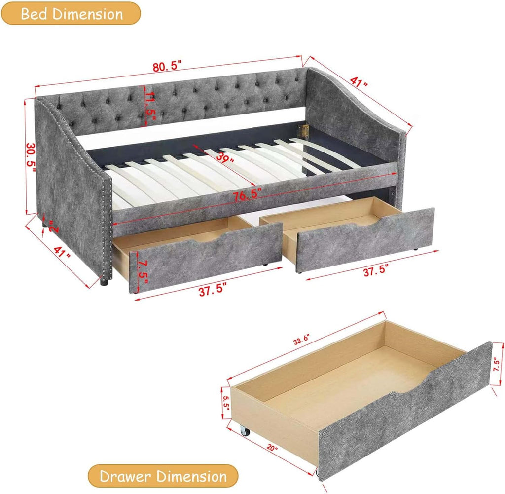 Wood Twin Daybed, Day Bed Frame with 2 Storage Drawers, Upholstered Twin Bed Frame Sofa Couch with Button and Nailhead Design for Bedroom Guest Room, No Box Spring Needed, Grey