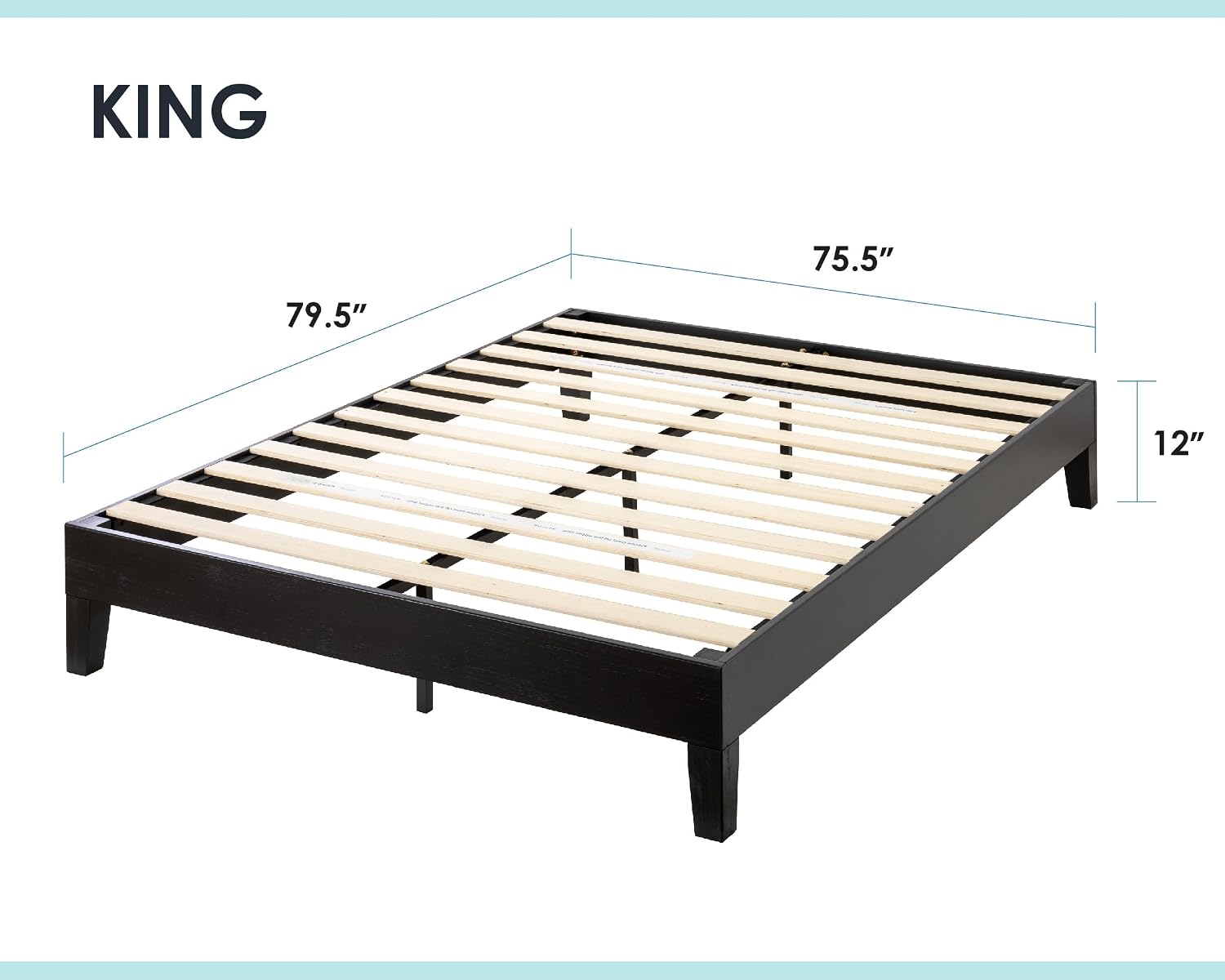 Mellow Naturalista Grand 12 Inch Solid Wood Platform Bed with Wooden Slats, Easy Assembly, King, Black