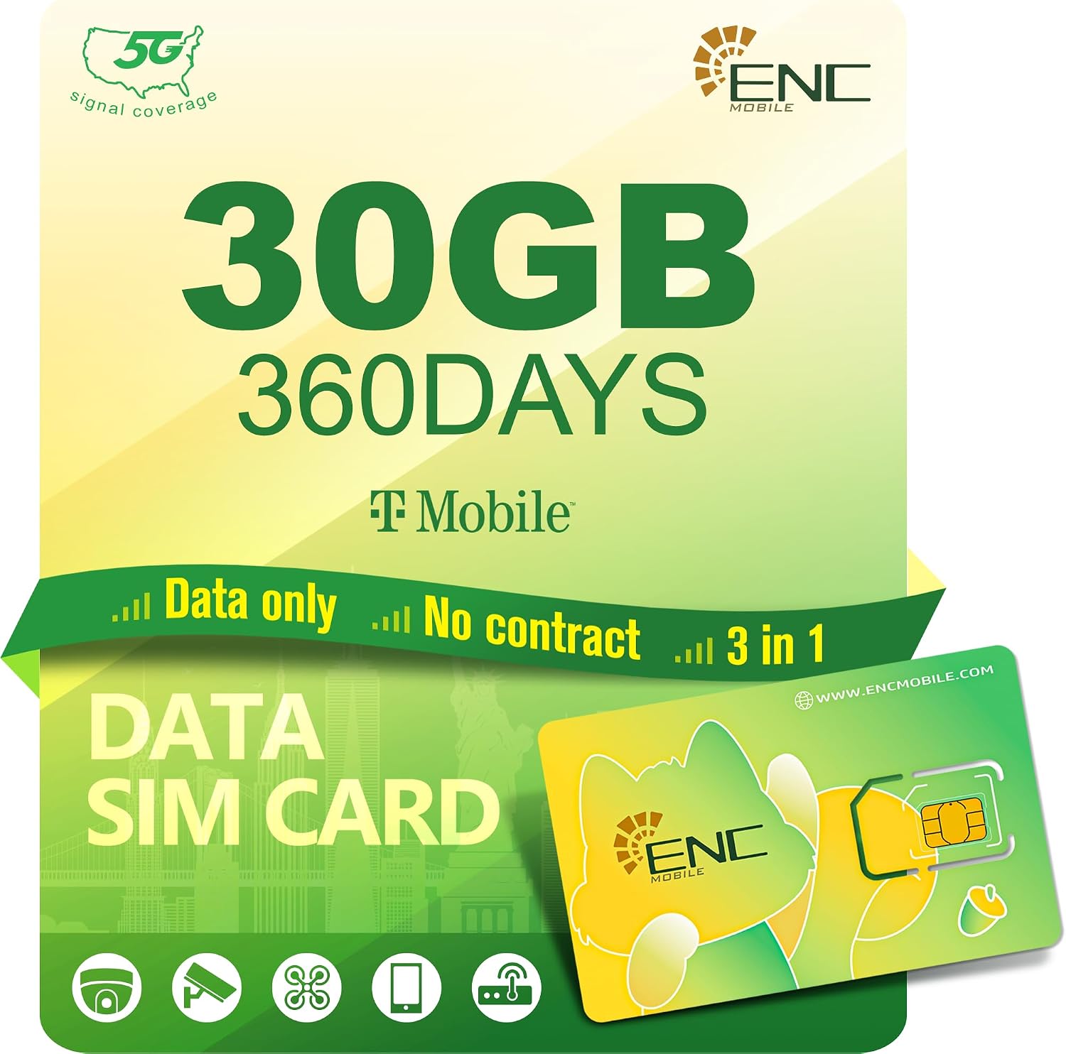 US BR Prepaid Data Only SIM Card, 30GB/360Days 5G/4G LTE for Unlocked Security Camera/Mobile WiFi Hotspot/Routers/Laptops/Tablets, No Voice & No Text (USA 3-in-1 SIM Card)
