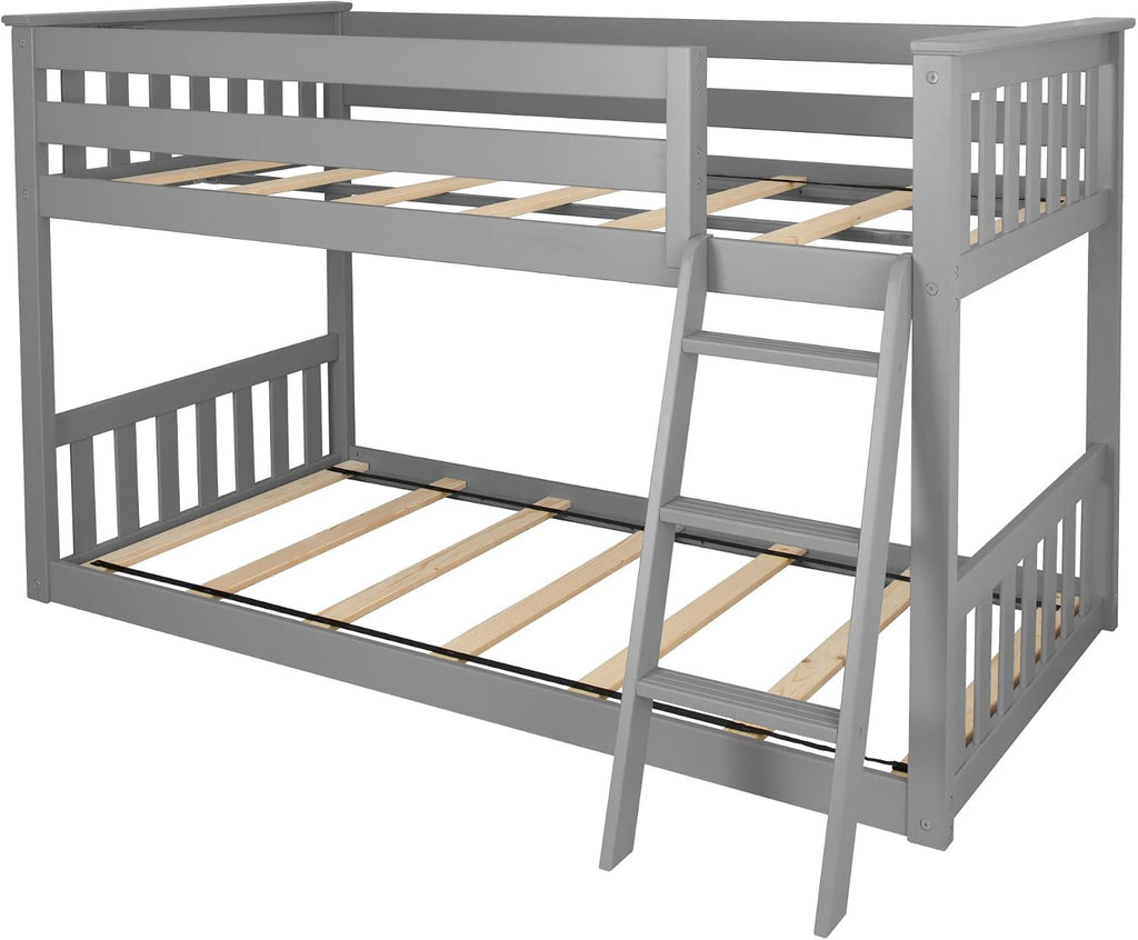 Max & Lily Twin Over Twin Low Bunk Bed with Ladder, Wooden Bunk beds with 14' Safety Guardrail for Kids,Toddlers, Boys, Girls, Teens, Bedroom Furniture, Grey