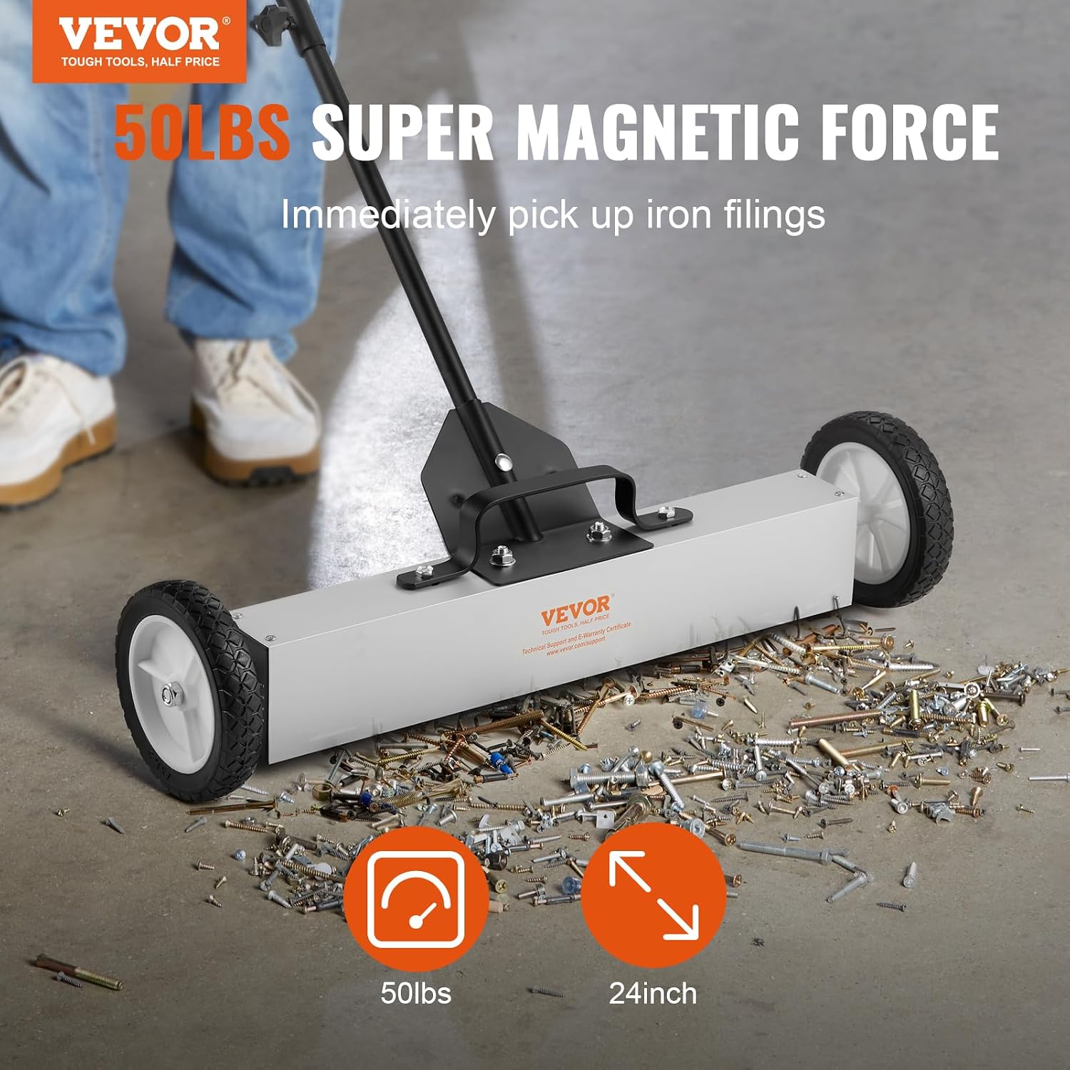VEVOR 120lb Hanging & 50lb Rolling Magnetic Sweepers Nail Pickup Tool Kit with Wheels and Telescoping Handle for Construction Warehouse Floor Cleaning