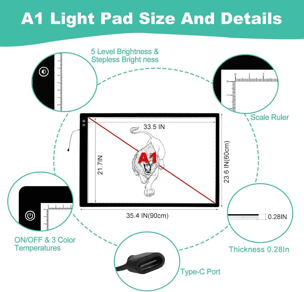 Rechargeable A1 Light Pad - Ultra-Thin Large Diamond Painting Light Board, 3 Colors 6 Levels Adjustable Brightness Tracing Light Box, Wireless Tracing Light Table for Weeding Vinyl Drawing